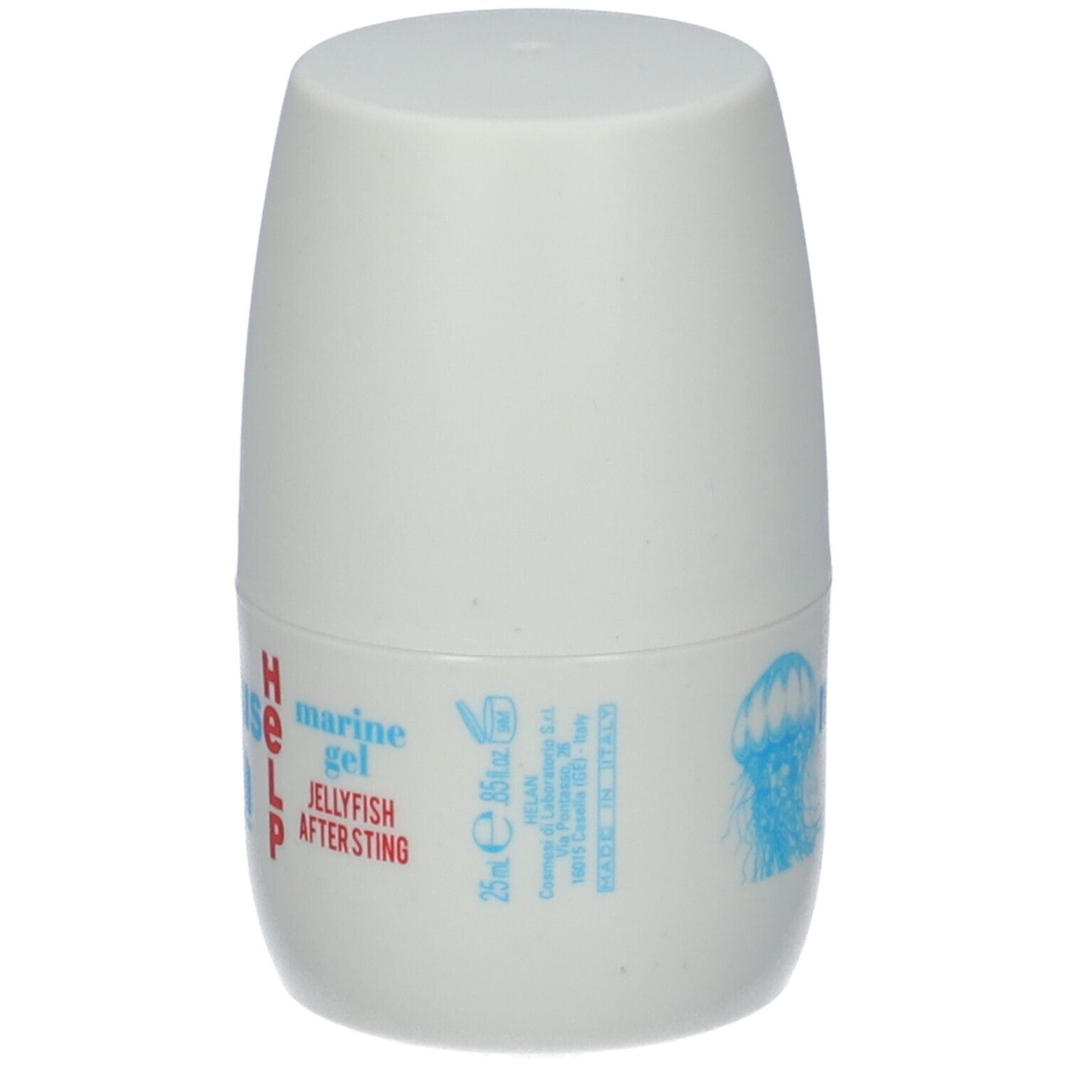 Contenitore roll-on bianco con logo medusa blu e scritta rossa. Testo: meduse HELP marine gel jellyfish after sting.