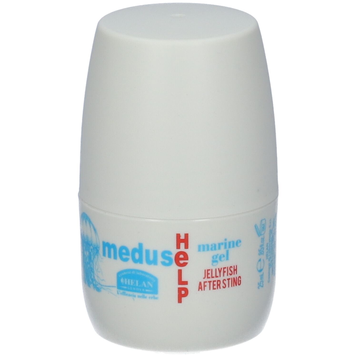 Contenitore roll-on bianco con logo medusa blu e scritta rossa. Testo: meduse HELP marine gel jellyfish after sting.