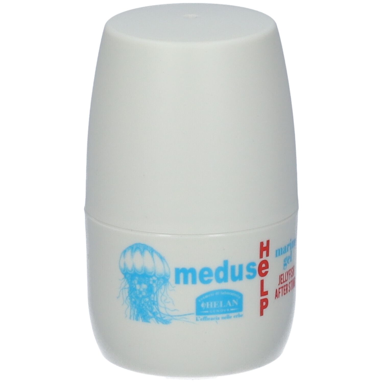 Contenitore roll-on bianco con logo medusa blu e scritta rossa. Testo: meduse HELP marine gel jellyfish after sting.