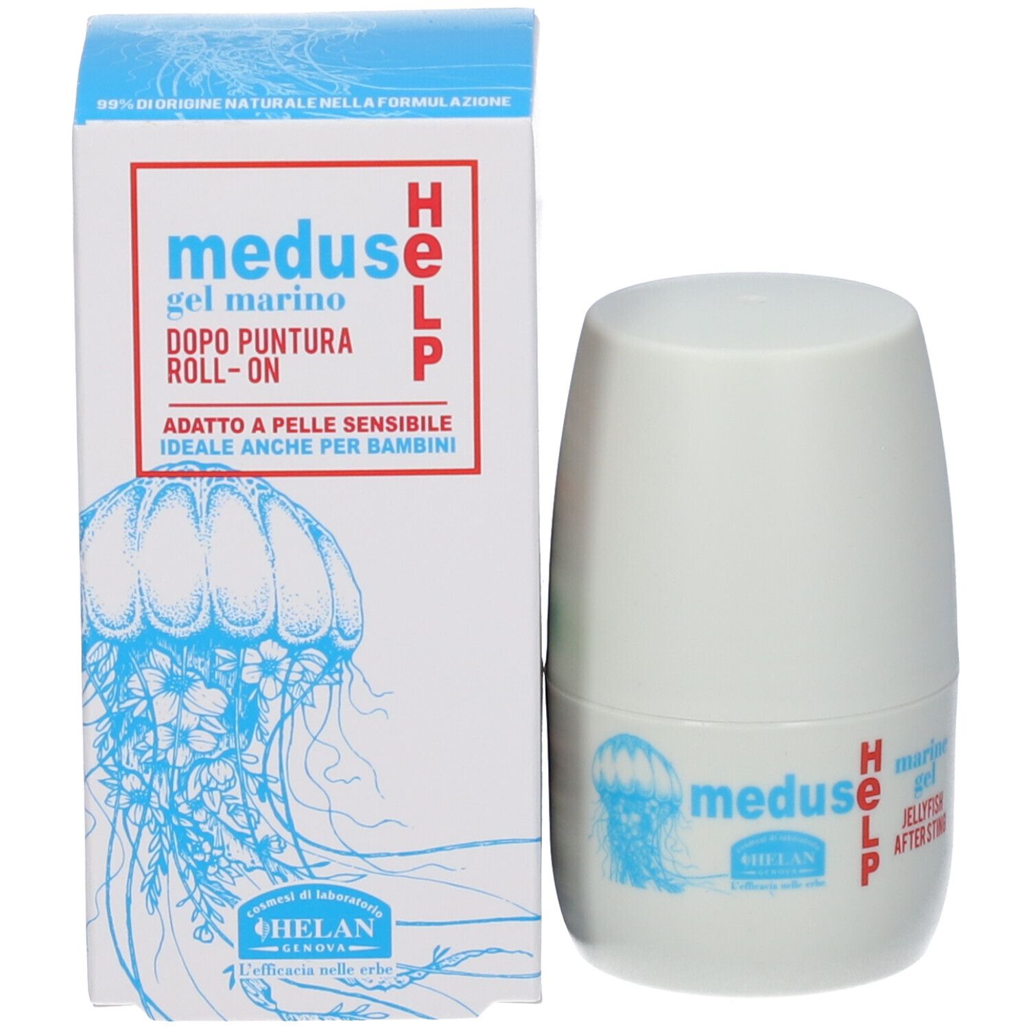 Confezione e roll-on. Confezione con testo: meduse gel marino dopo puntura ROLL-ON. Roll-on con logo e testo.
