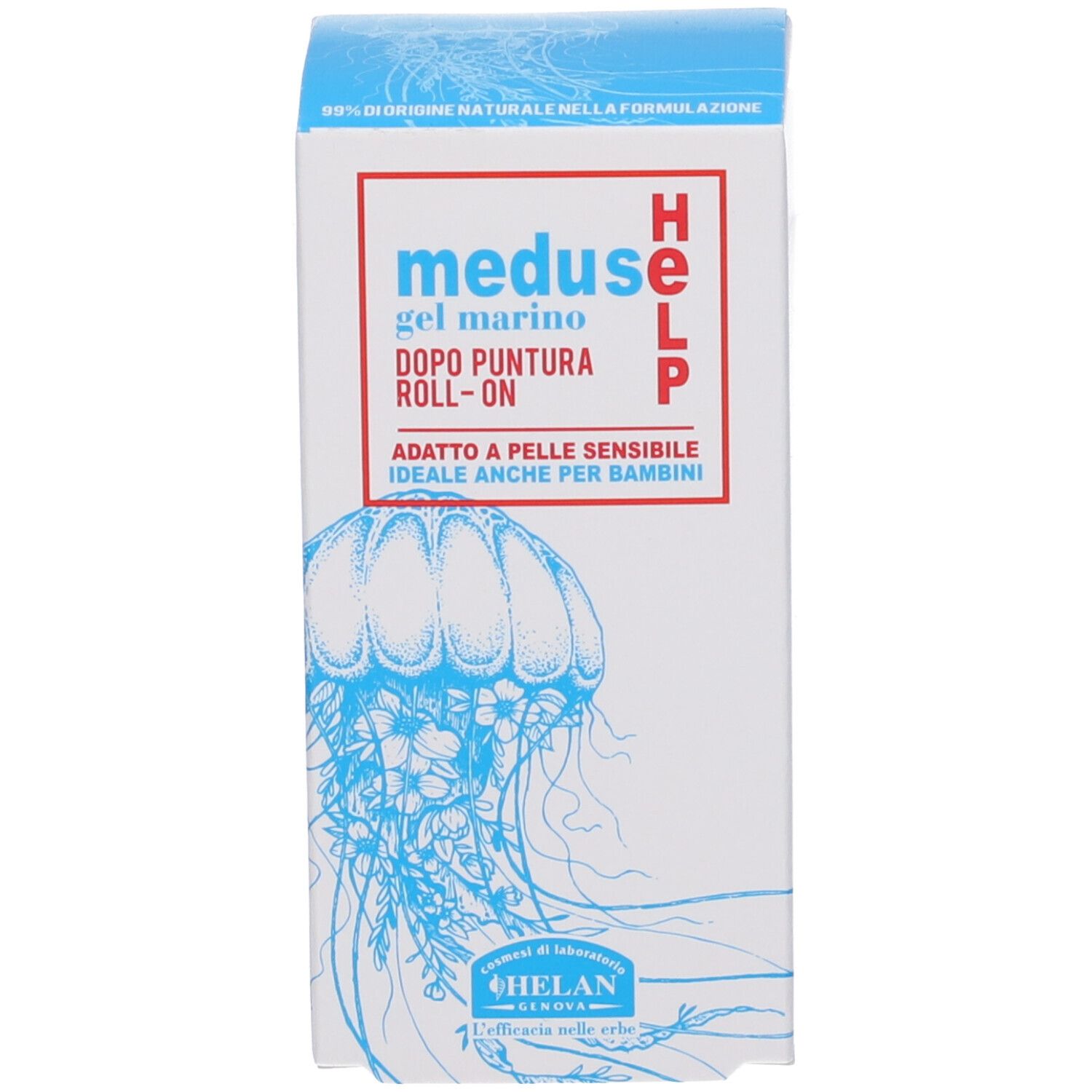 Confezione con testo: meduse gel marino dopo puntura ROLL-ON. Logo e testo sulla confezione.