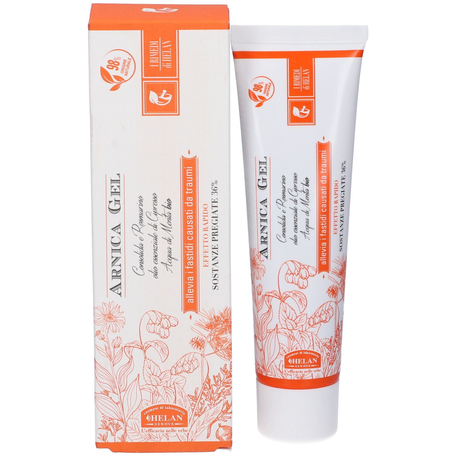 Confezione del prodotto con tubo. Tubo e scatola con dettagli arancioni. Scritta: ARNICA GEL. Marchio: HELAN.