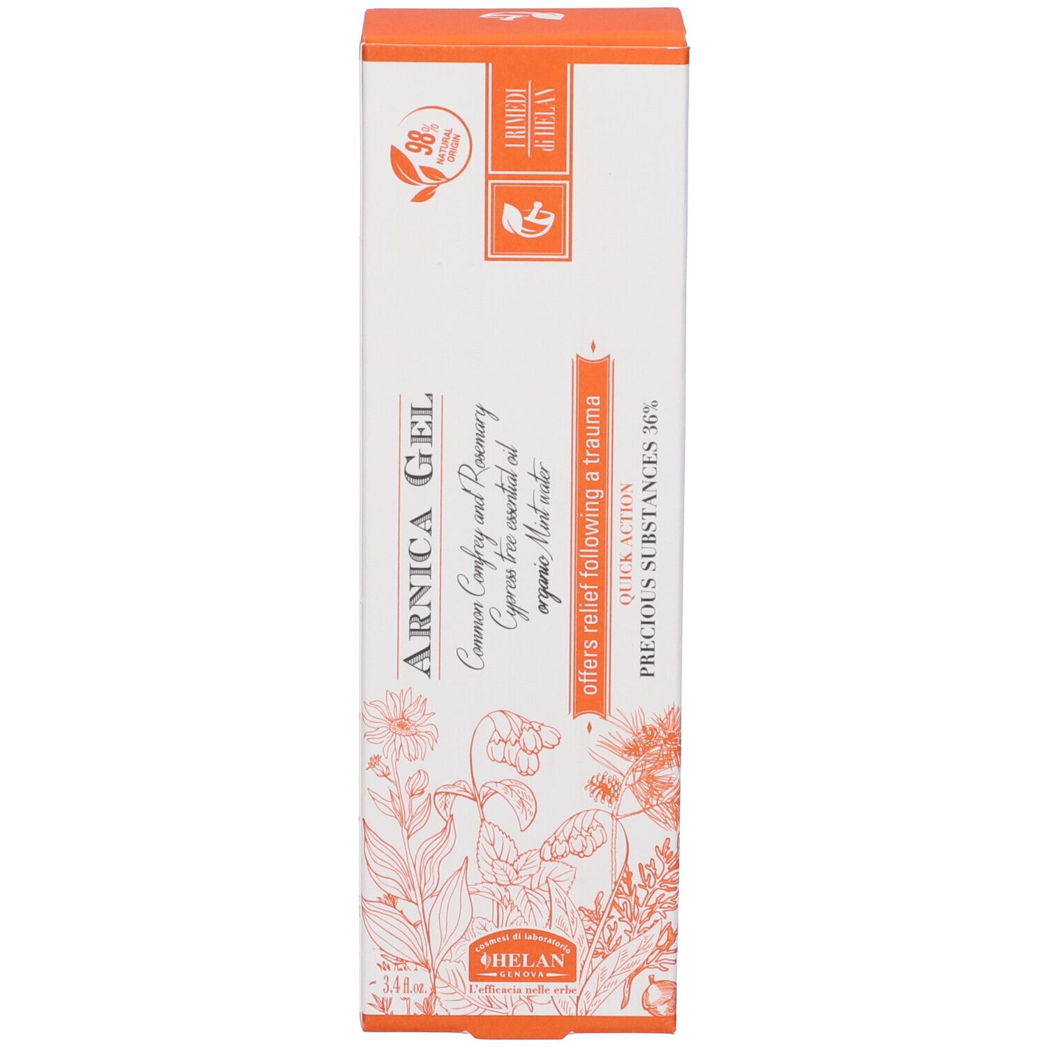 Lato della scatola. Scritta: ARNICA GEL. Ingredienti. Marchio: HELAN.