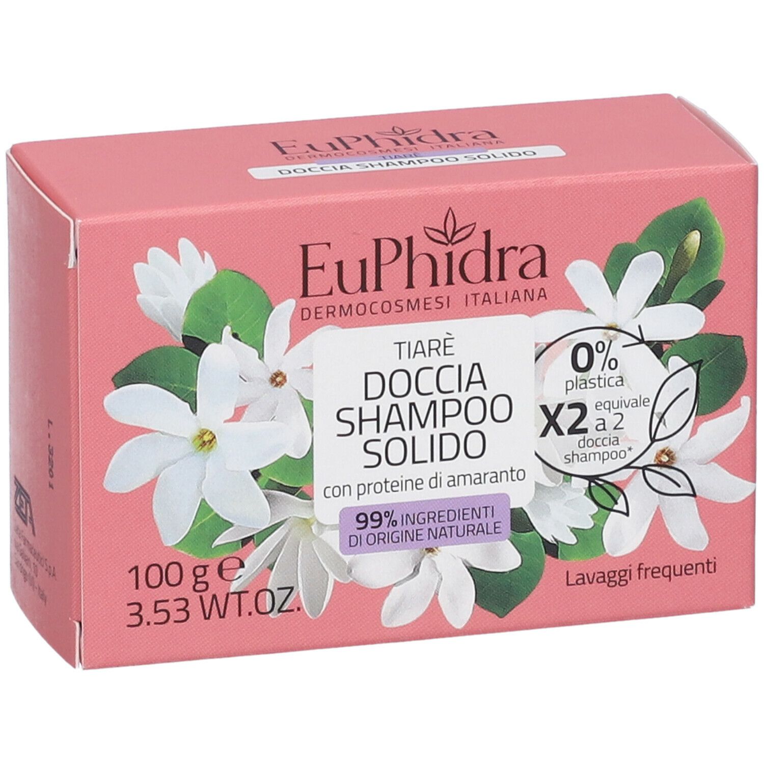 Confezione rosa con fiori bianchi. Testo: Euphidra, Tiarè Doccia Shampoo Solido, 100 g, 99% ingredienti di origine naturale.