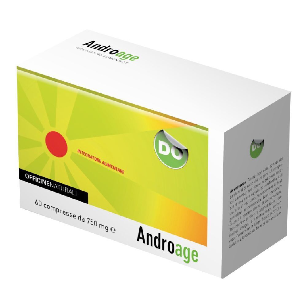 Scatola bianca con design giallo-verde. Scritta 'Androage' e '60 compresse da 750 mg e'.