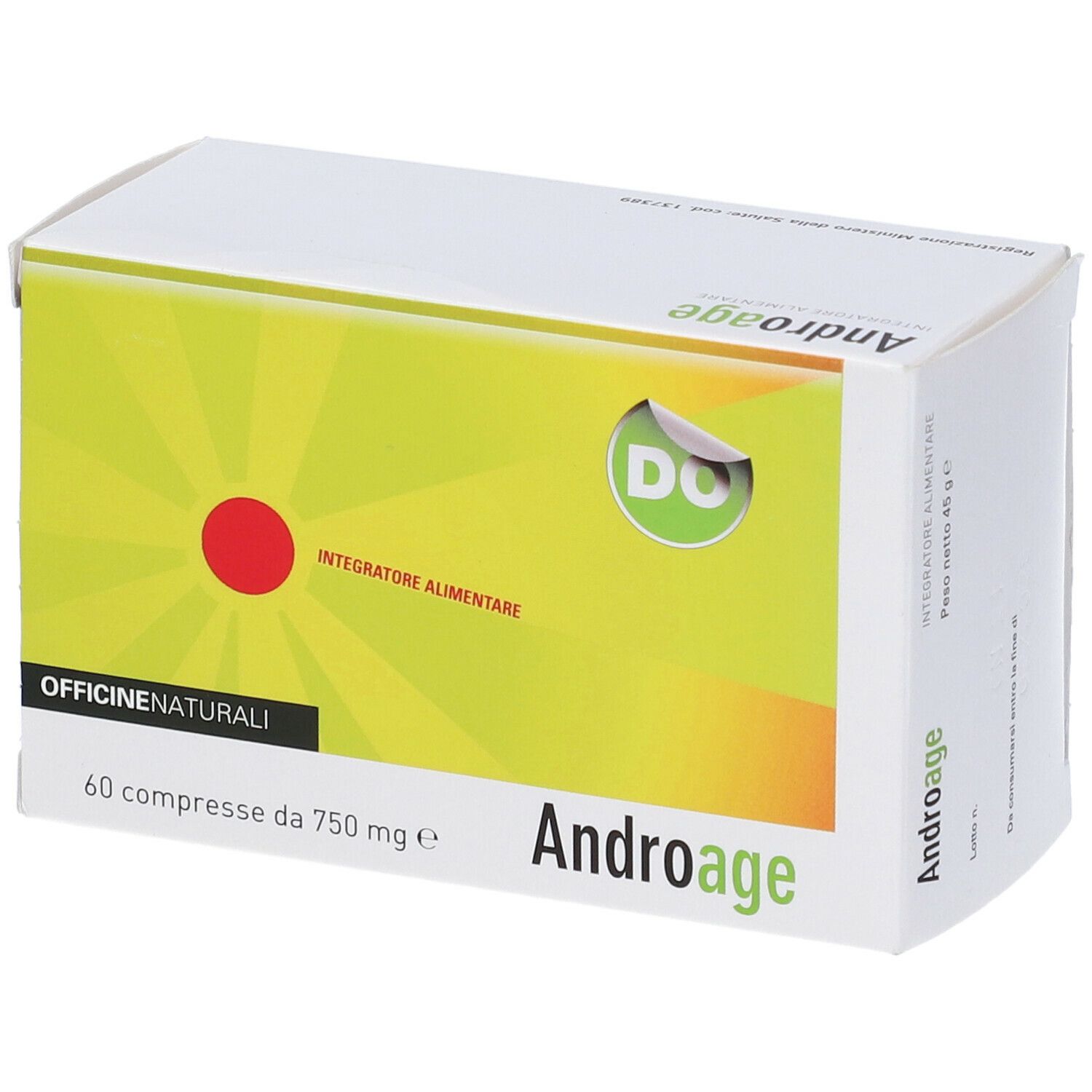 Scatola bianca con design giallo-verde. Scritta 'Androage' e '60 compresse da 750 mg e'.