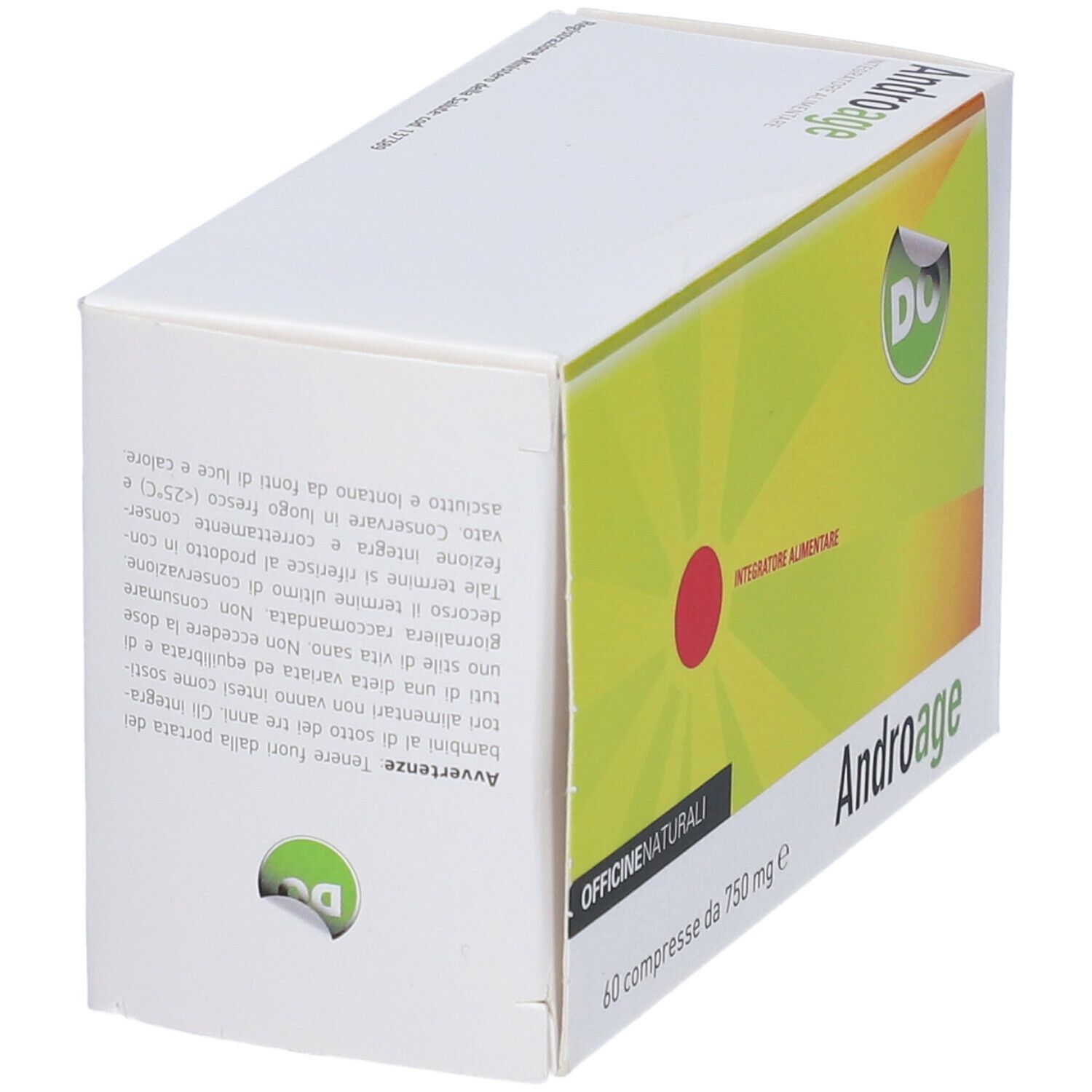 Scatola bianca con design giallo-verde. Scritta 'Androage' e '60 compresse da 750 mg e'.