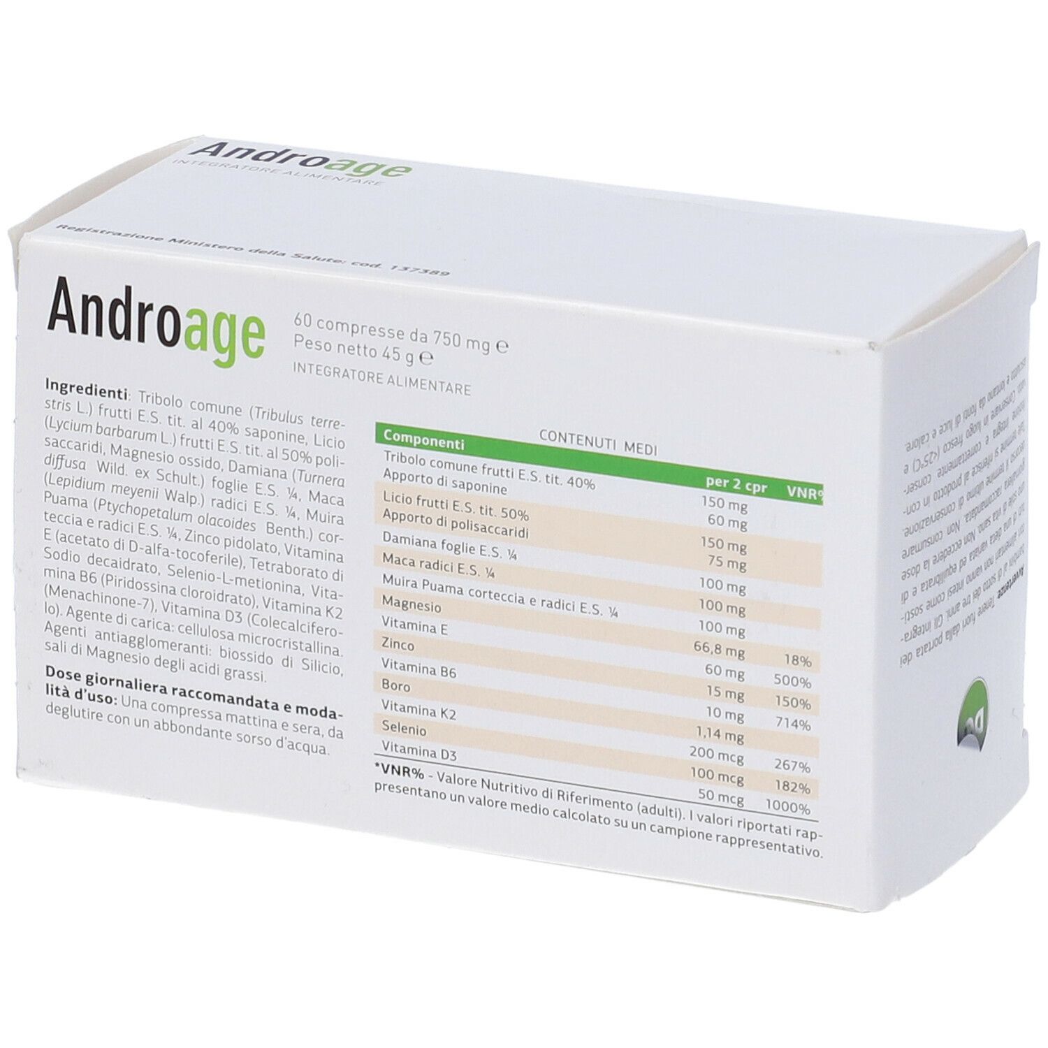 Scatola bianca con design giallo-verde. Scritta 'Androage' e '60 compresse da 750 mg e'.