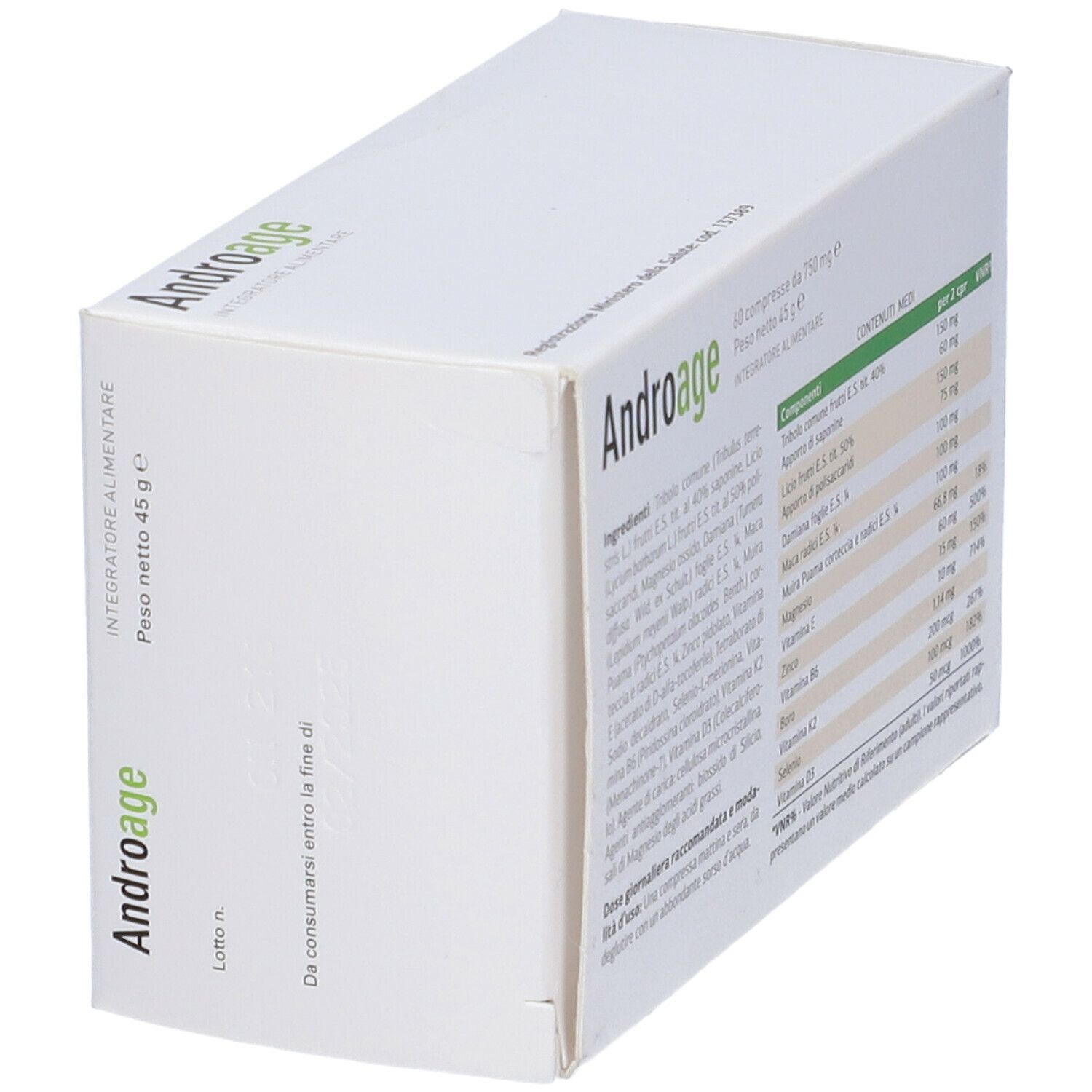 Scatola bianca con design giallo-verde. Scritta 'Androage' e '60 compresse da 750 mg e'.