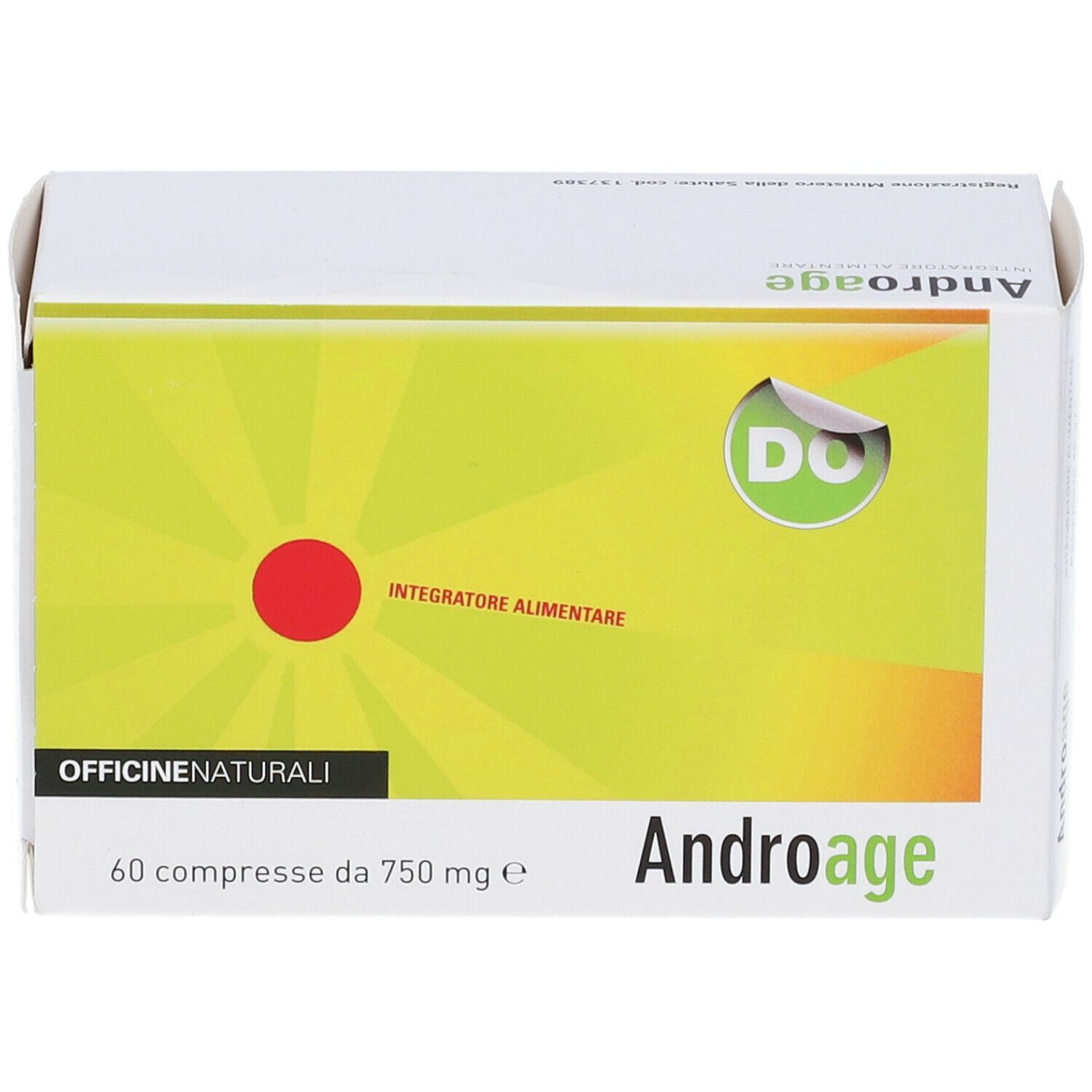 Scatola bianca con design giallo-verde. Scritta 'Androage' e '60 compresse da 750 mg e'.