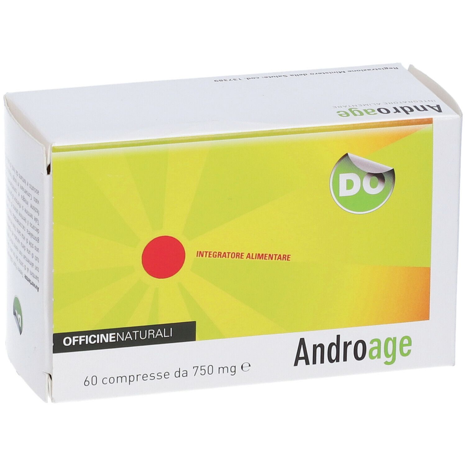 Scatola bianca con design giallo-verde. Scritta 'Androage' e '60 compresse da 750 mg e'.