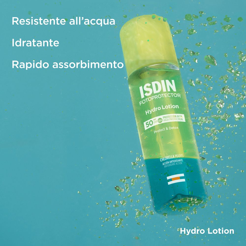 ISDIN Hydro Lotion in acqua. Tappo giallo, flacone trasparente. Testo: Resistente all'acqua, idratante, rapido assorbimento.