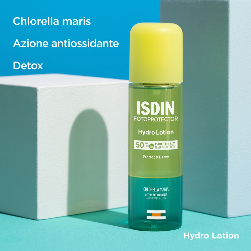 ISDIN Hydro Lotion. Tappo giallo, flacone trasparente. Testo: Chlorella maris, Azione antiossidante, Detox.