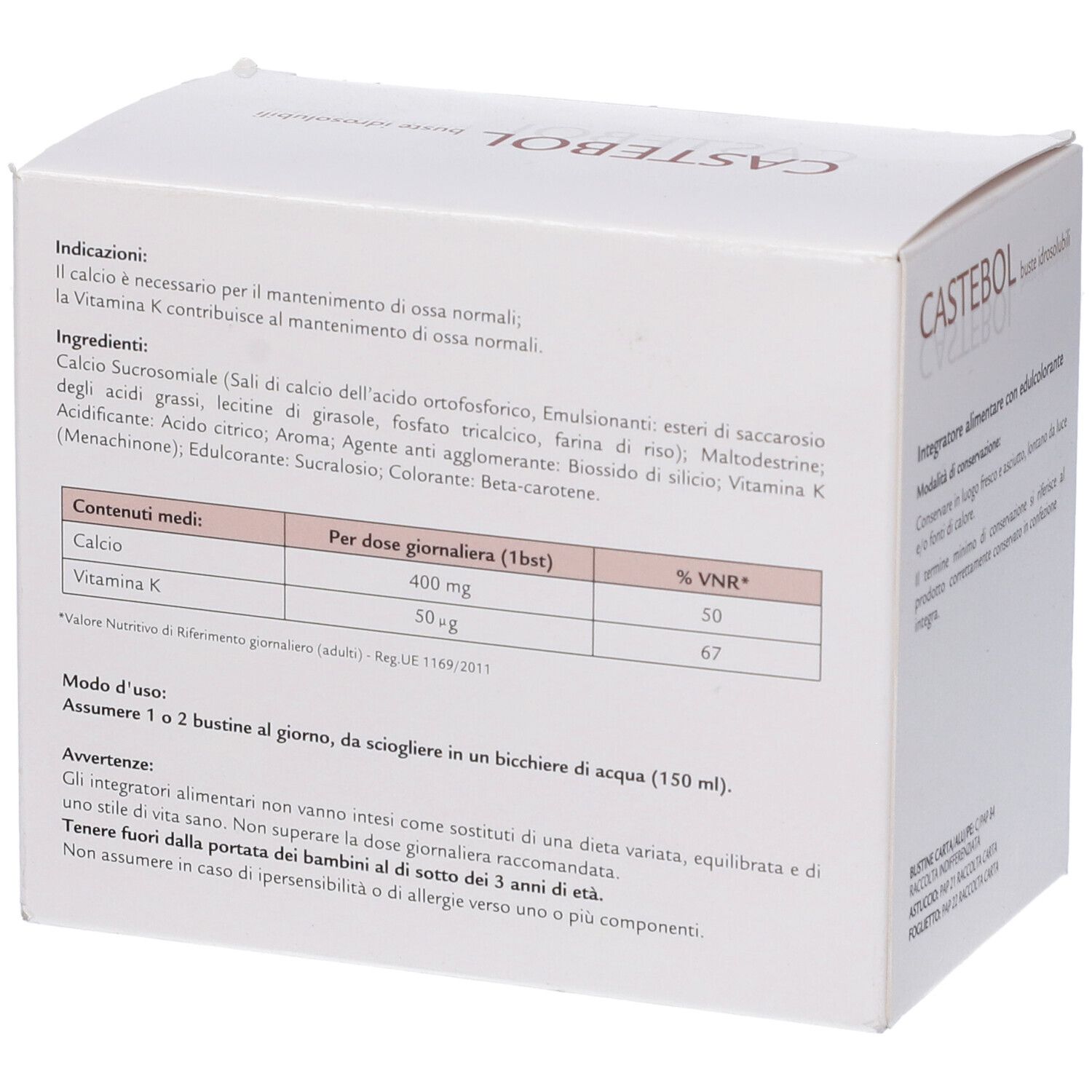 Scatola bianca con testo. Contiene informazioni sugli ingredienti, i valori nutrizionali e l'uso. Visibili "CASTEBOL" e "buste idrosolubili".