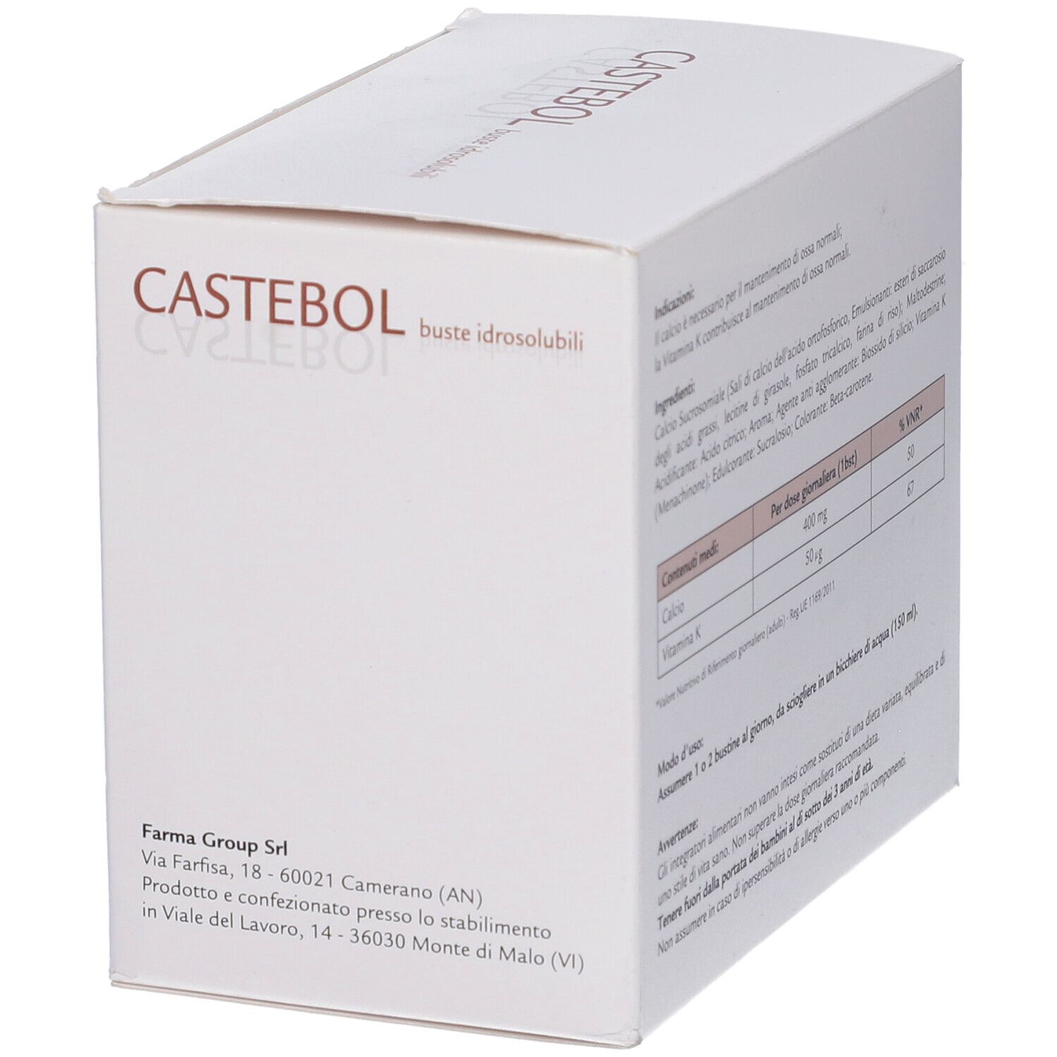 Scatola bianca con testo. Contiene informazioni sugli ingredienti, i valori nutrizionali e l'uso. Visibili "CASTEBOL" e "buste idrosolubili".