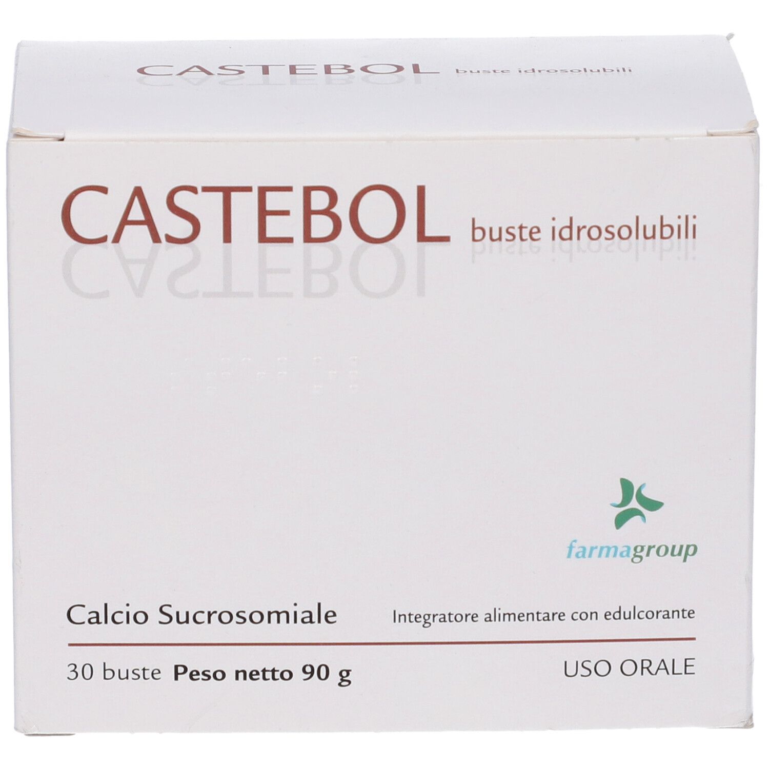 Scatola bianca con logo "CASTEBOL" e testo. Contiene "buste idrosolubili". Scritto: "Calcio Sucrosomiale". 30 bustine, peso netto 90 g.