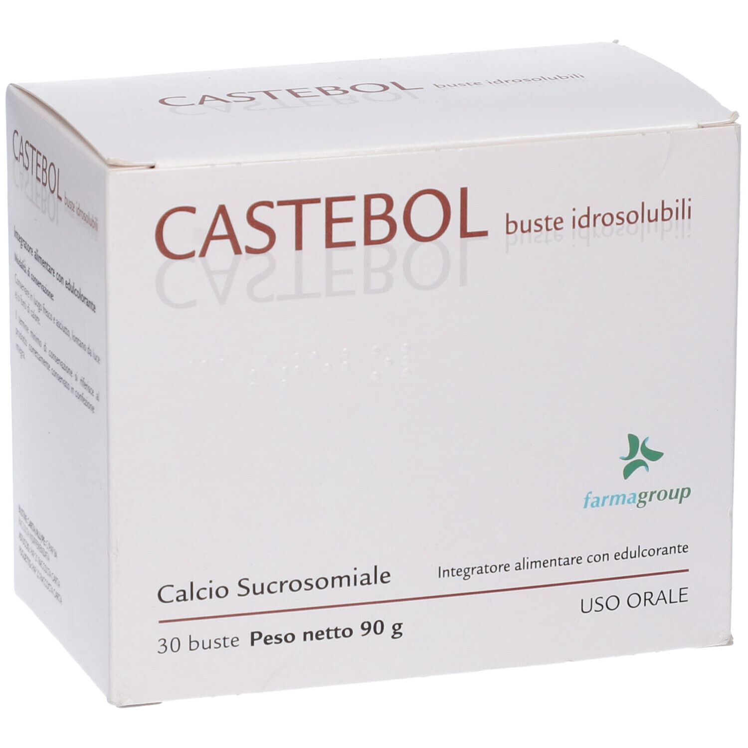 Scatola bianca con logo "CASTEBOL" e testo. Contiene "buste idrosolubili". Scritto: "Calcio Sucrosomiale". 30 bustine, peso netto 90 g.