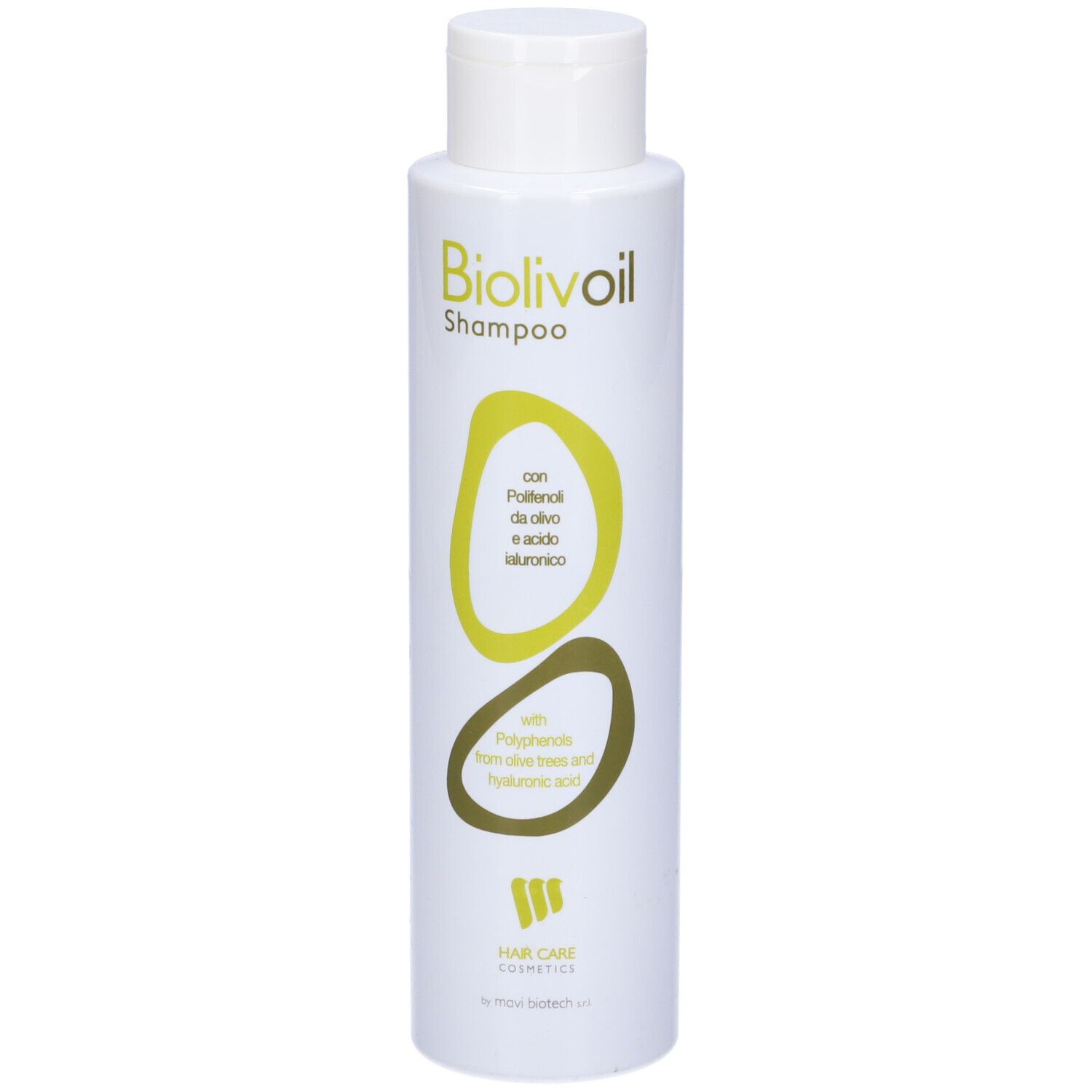 Flacone shampoo bianco con etichetta verde. Biolivoil Shampoo. Contiene polifenoli d'oliva e acido ialuronico. Hair Care Cosmetics.