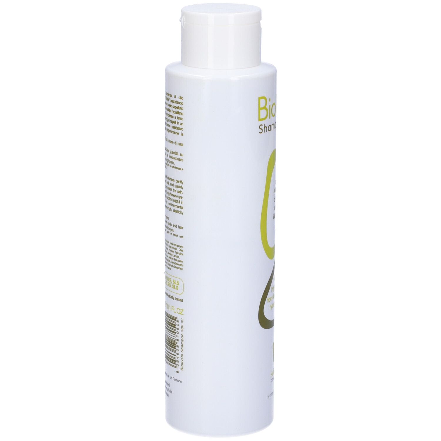 Flacone shampoo bianco, vista laterale. Biolivoil Shampoo. Testo sull'etichetta. Hair Care Cosmetics. Ingredienti e informazioni.
