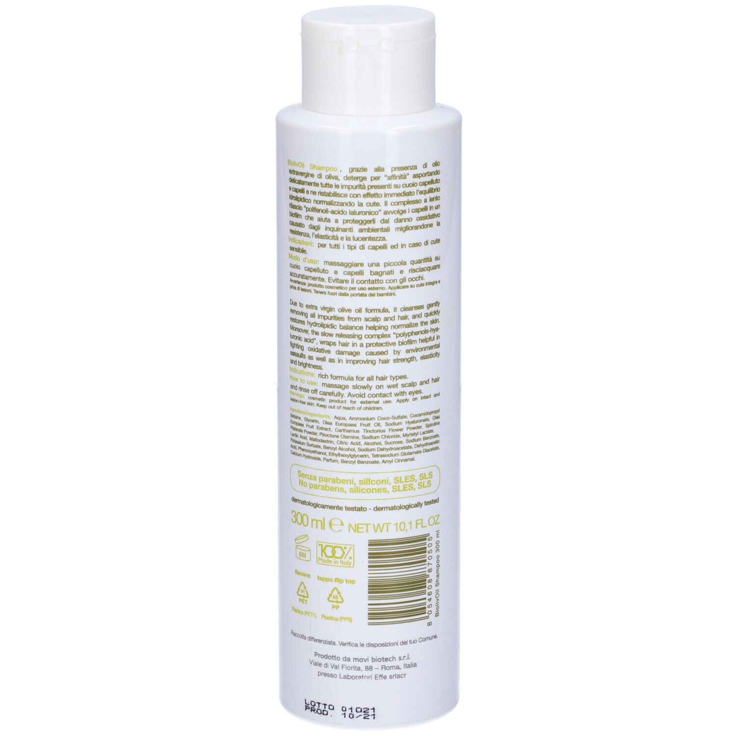 Retro del flacone di shampoo bianco. Testo con ingredienti, istruzioni per l'uso e informazioni sul produttore. 300 ml.