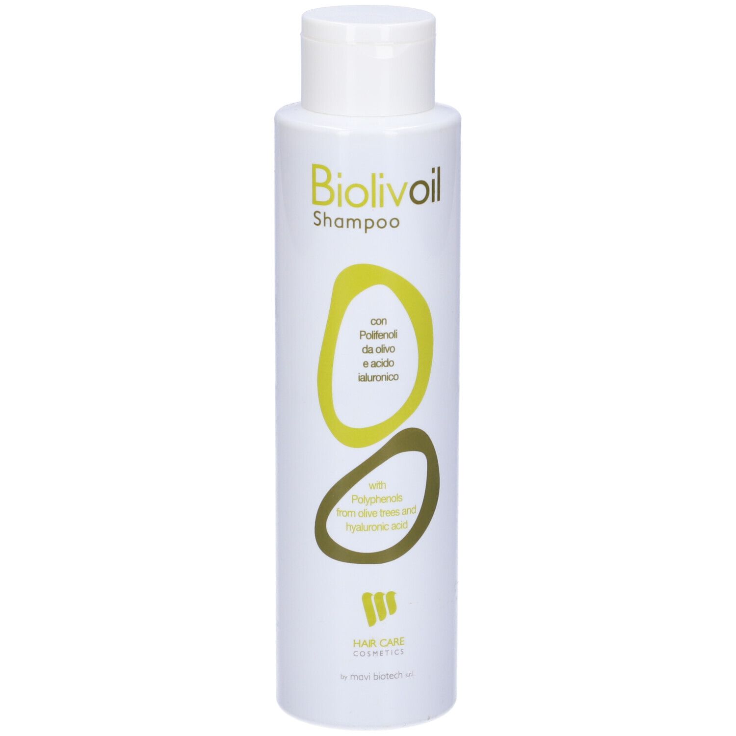 Flacone shampoo bianco con etichetta verde. Biolivoil Shampoo. Contiene polifenoli d'oliva e acido ialuronico. Hair Care Cosmetics.