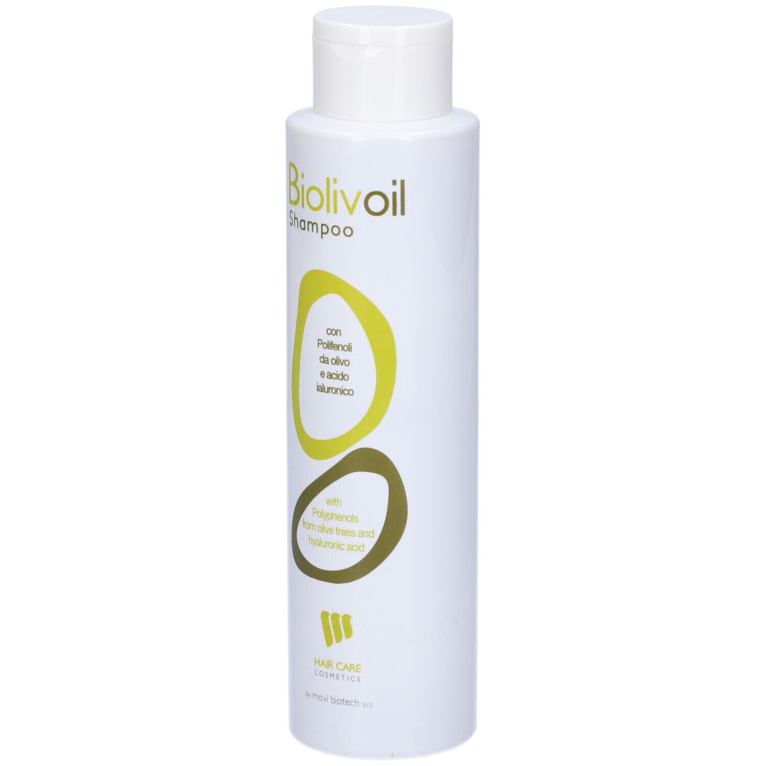 Flacone shampoo bianco con etichetta verde. Biolivoil Shampoo. Contiene polifenoli d'oliva e acido ialuronico. Hair Care Cosmetics.