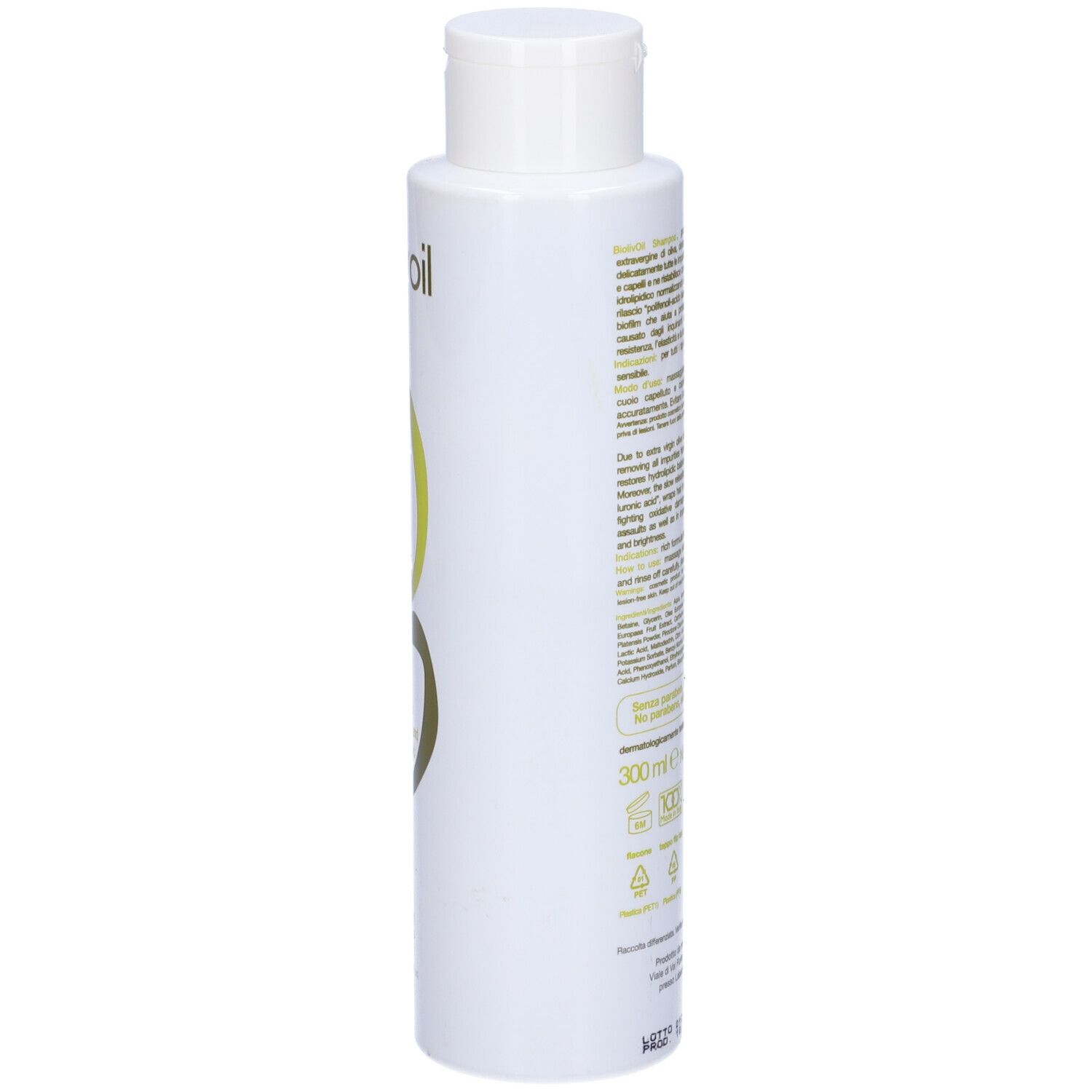 Flacone shampoo bianco, vista laterale. Biolivoil Shampoo. Testo sull'etichetta. Hair Care Cosmetics. Ingredienti e informazioni.
