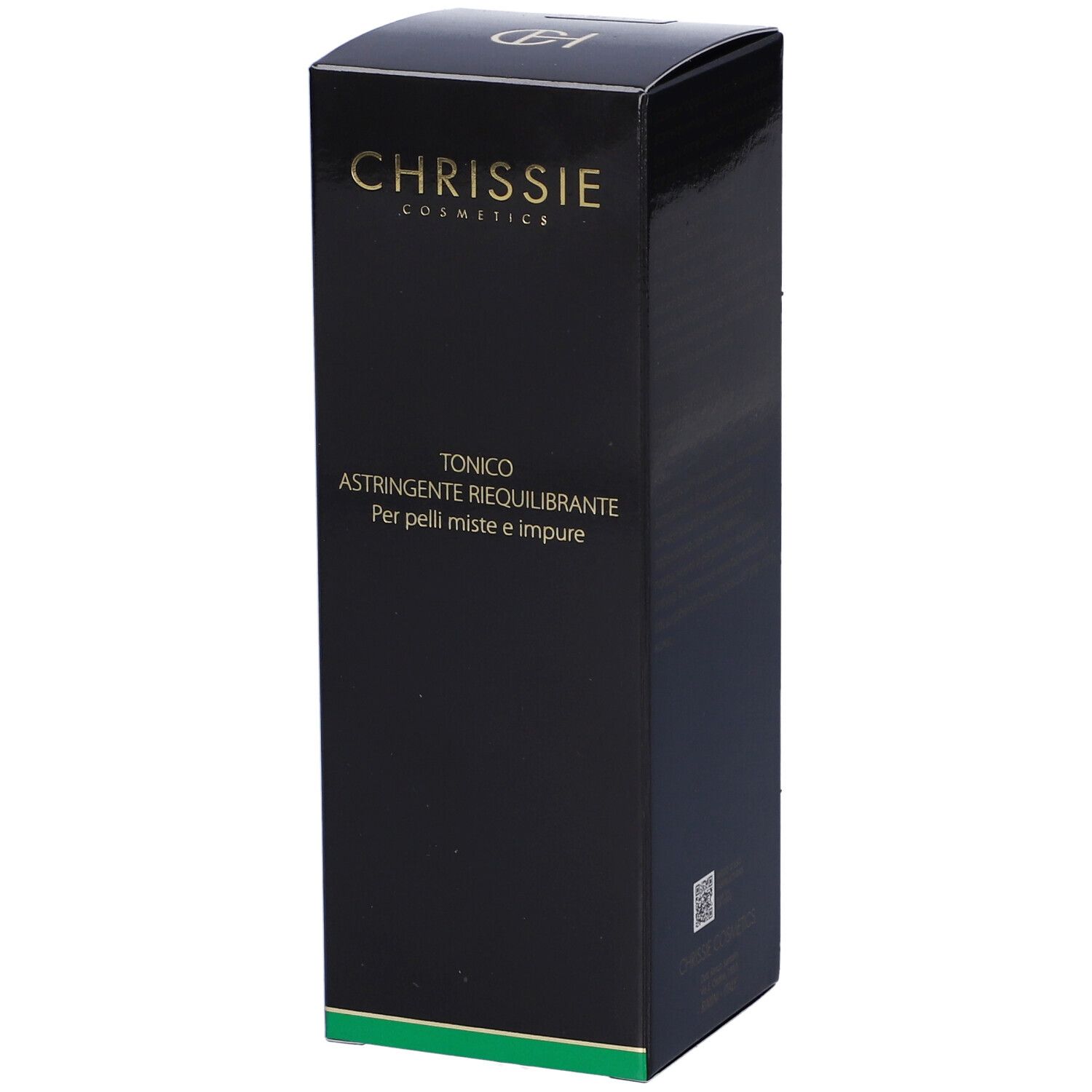Confezione nera del prodotto con scritta dorata. Scritta: Chrissie Cosmetics, Tonico Astringente Riequilibrante.