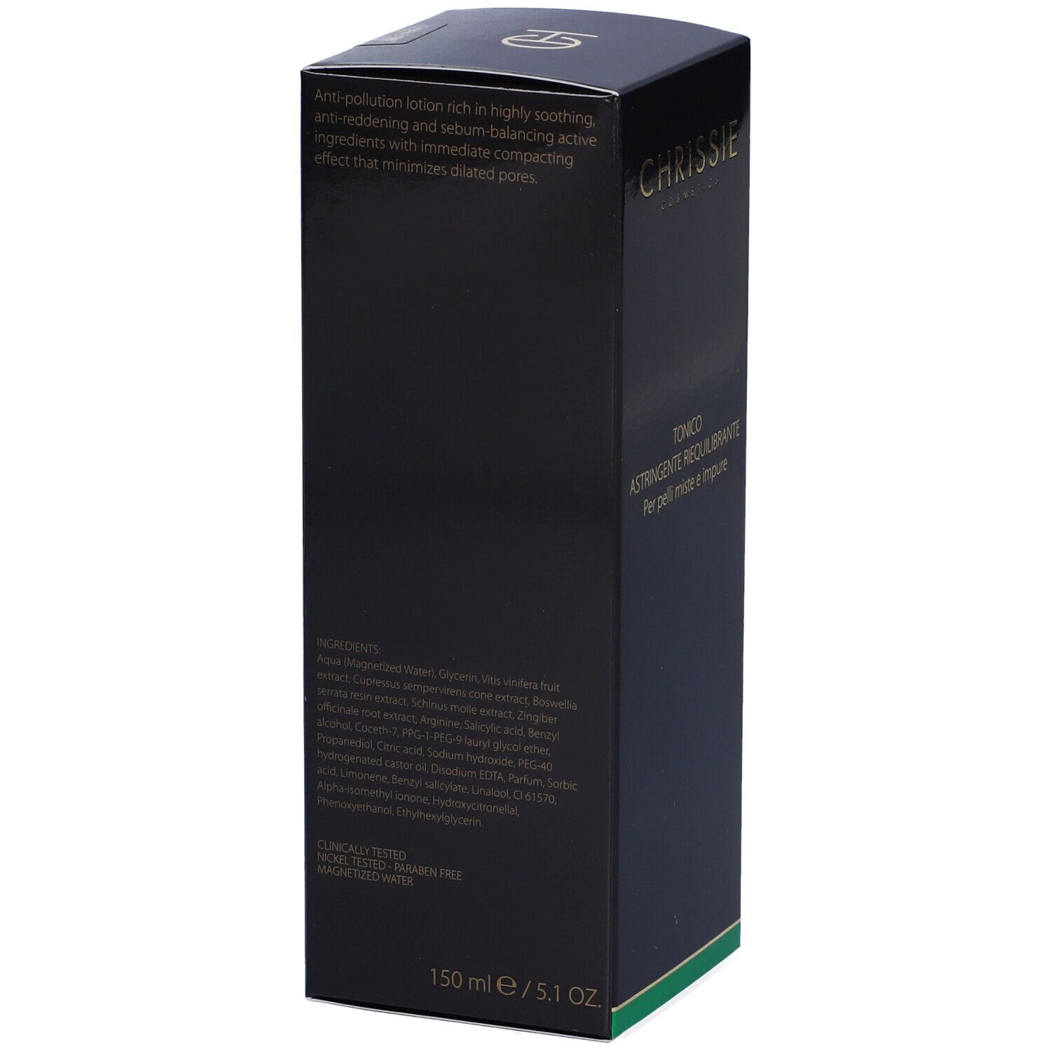 Confezione nera del prodotto con testo e ingredienti. Scritta: Chrissie Cosmetics, 150 ml / 5.1 fl oz.