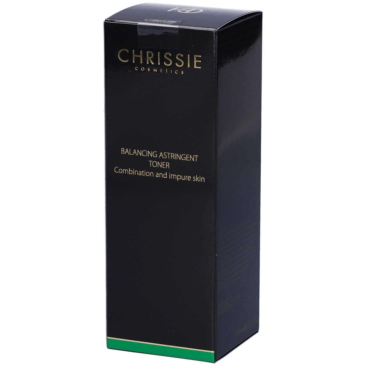 Confezione nera del prodotto con scritta dorata. Scritta: Chrissie Cosmetics, Balancing Astringent Toner.