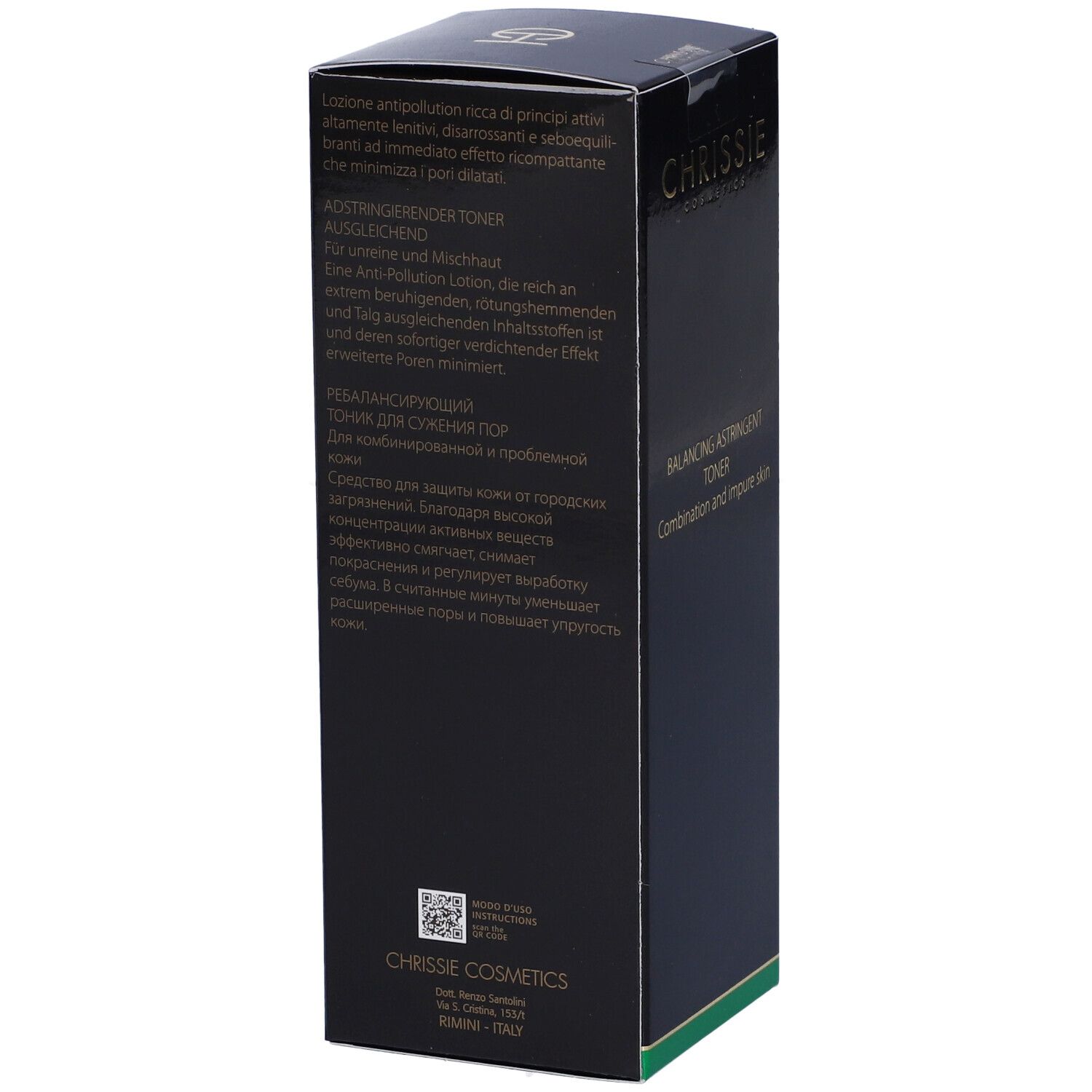 Confezione nera del prodotto con testo in più lingue. Scritta: Chrissie Cosmetics, Balancing Astringent Toner.