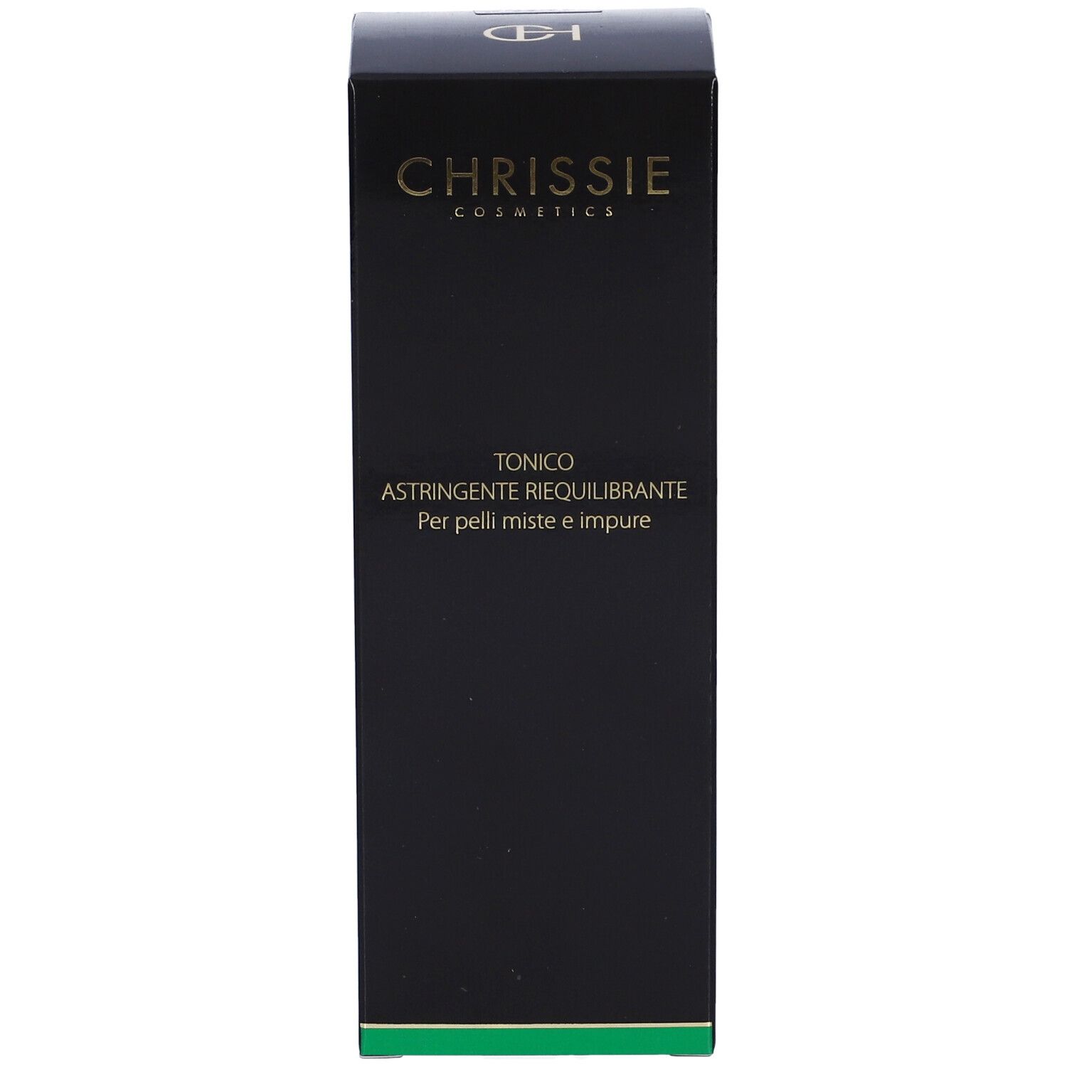 Confezione nera del prodotto con scritta dorata. Scritta: Chrissie Cosmetics, Tonico Astringente Riequilibrante.