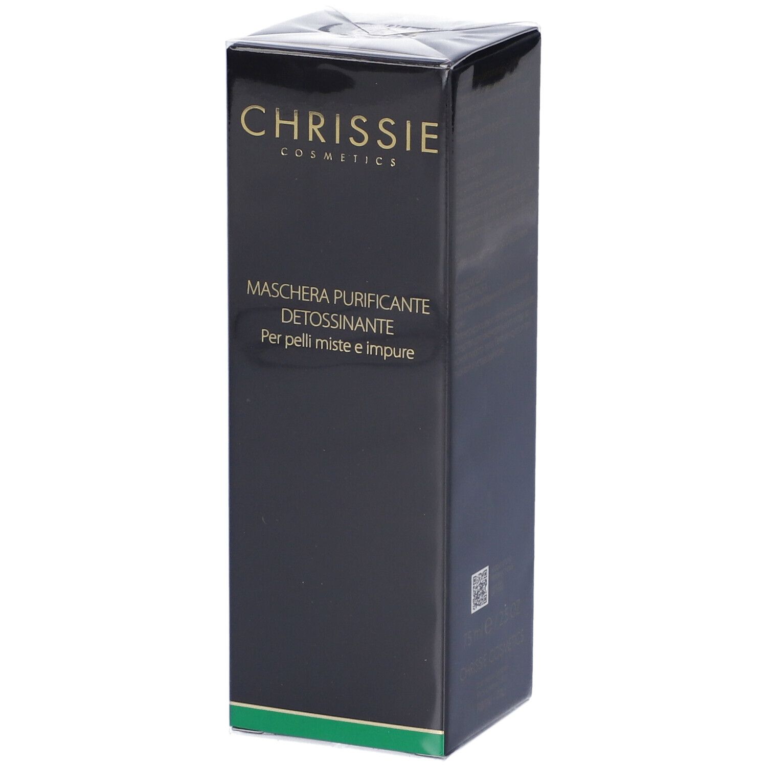 Confezione nera con logo Chrissie Cosmetics dorato. Testo: Maschera Purificante Detossinante, Per pelli miste e impure.