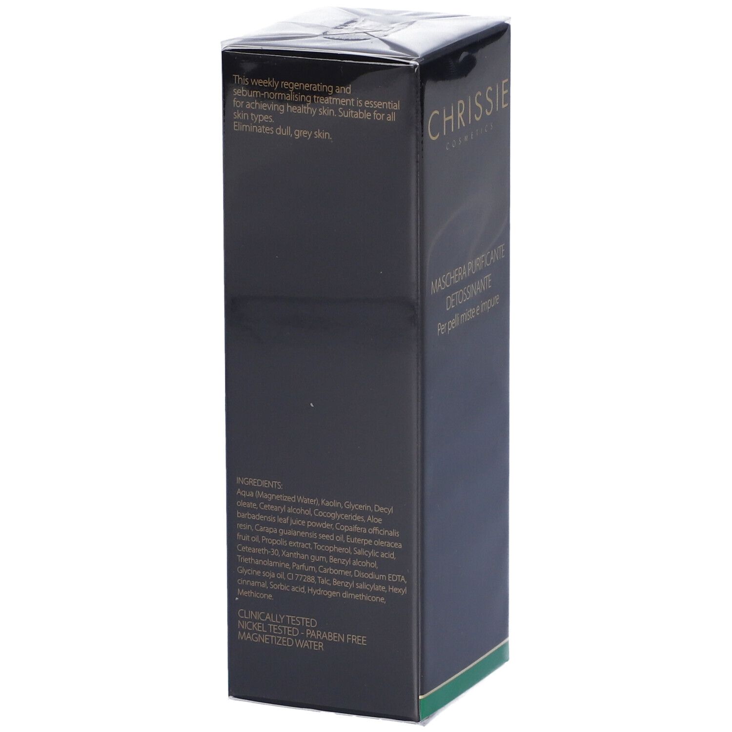 Confezione nera con logo Chrissie Cosmetics dorato. Testo: Maschera Purificante Detossinante, Per pelli miste e impure. Ingredienti.