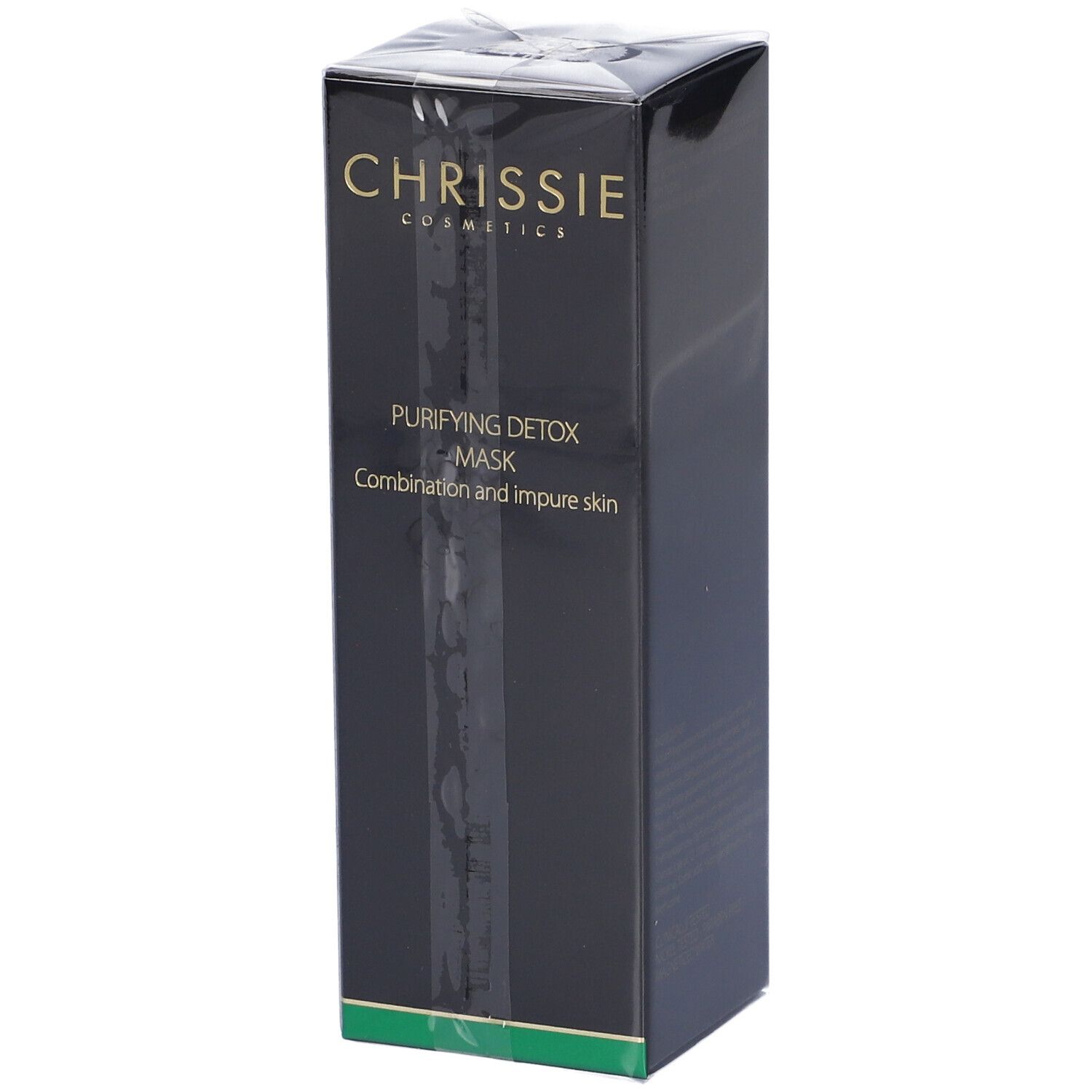 Confezione nera con logo Chrissie Cosmetics dorato. Testo: Purifying Detox Mask, Combination and impure skin.