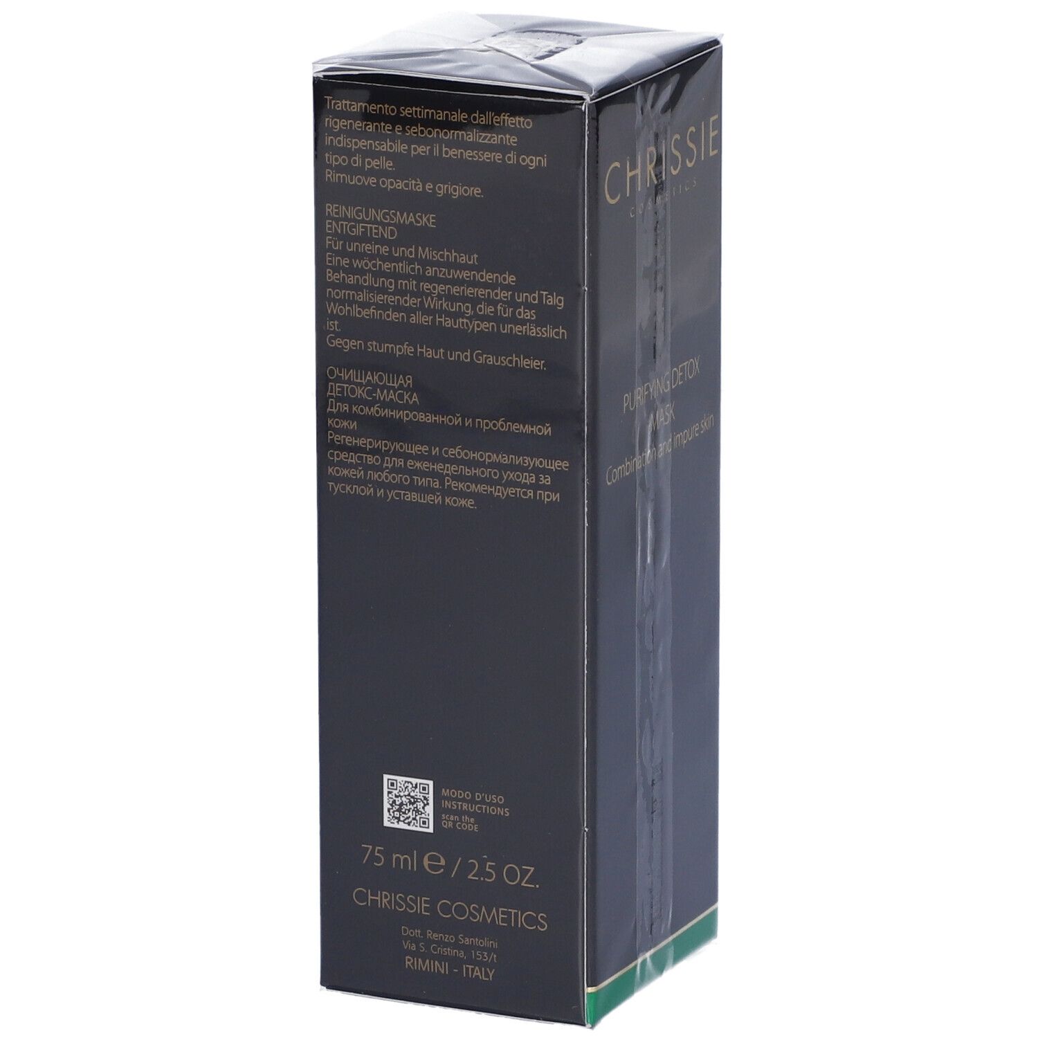 Confezione nera con logo Chrissie Cosmetics dorato. Testo: 75 ml / 2.5 OZ. Chrissie Cosmetics, Rimini, Italy.