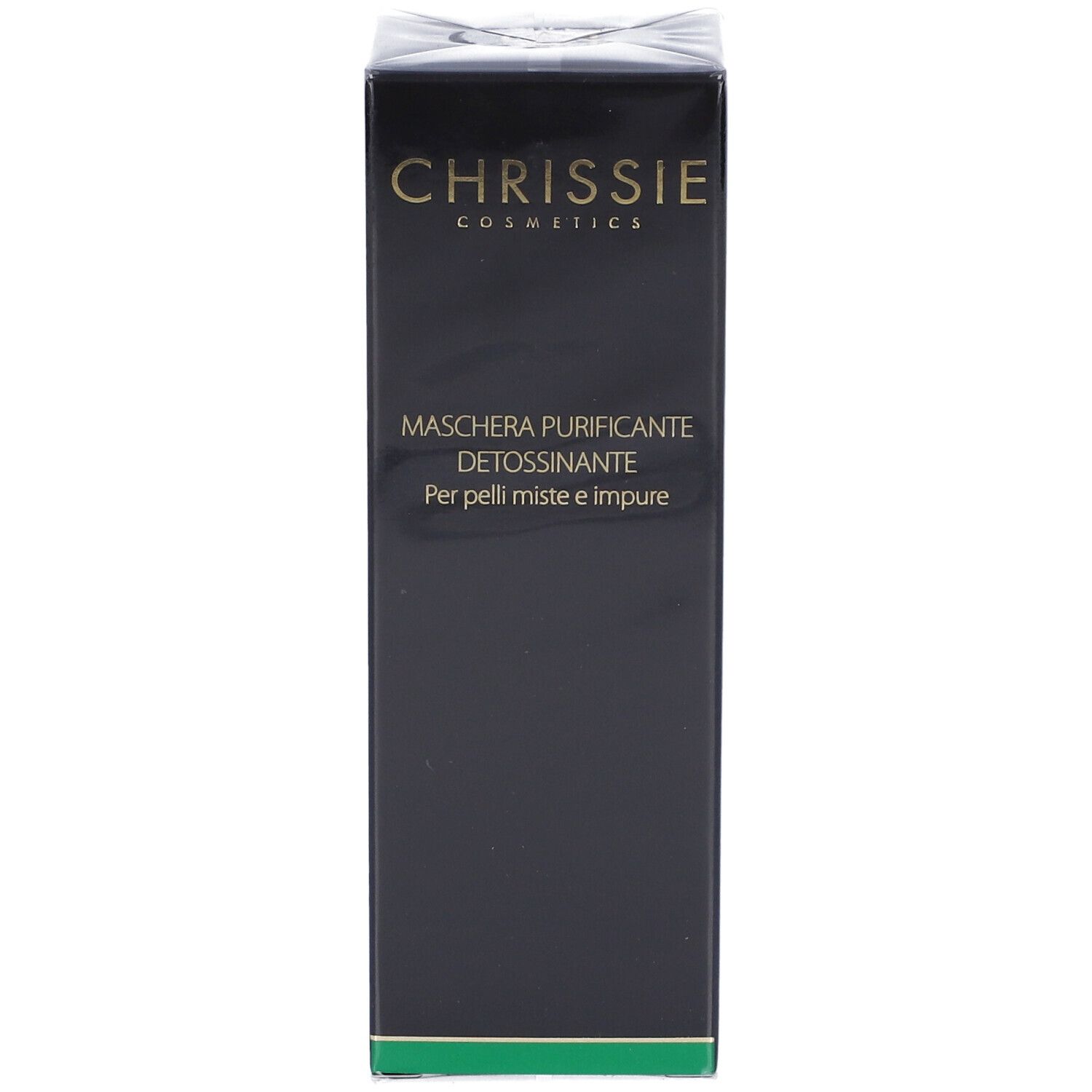 Confezione nera con logo Chrissie Cosmetics dorato. Testo: Maschera Purificante Detossinante, Per pelli miste e impure.
