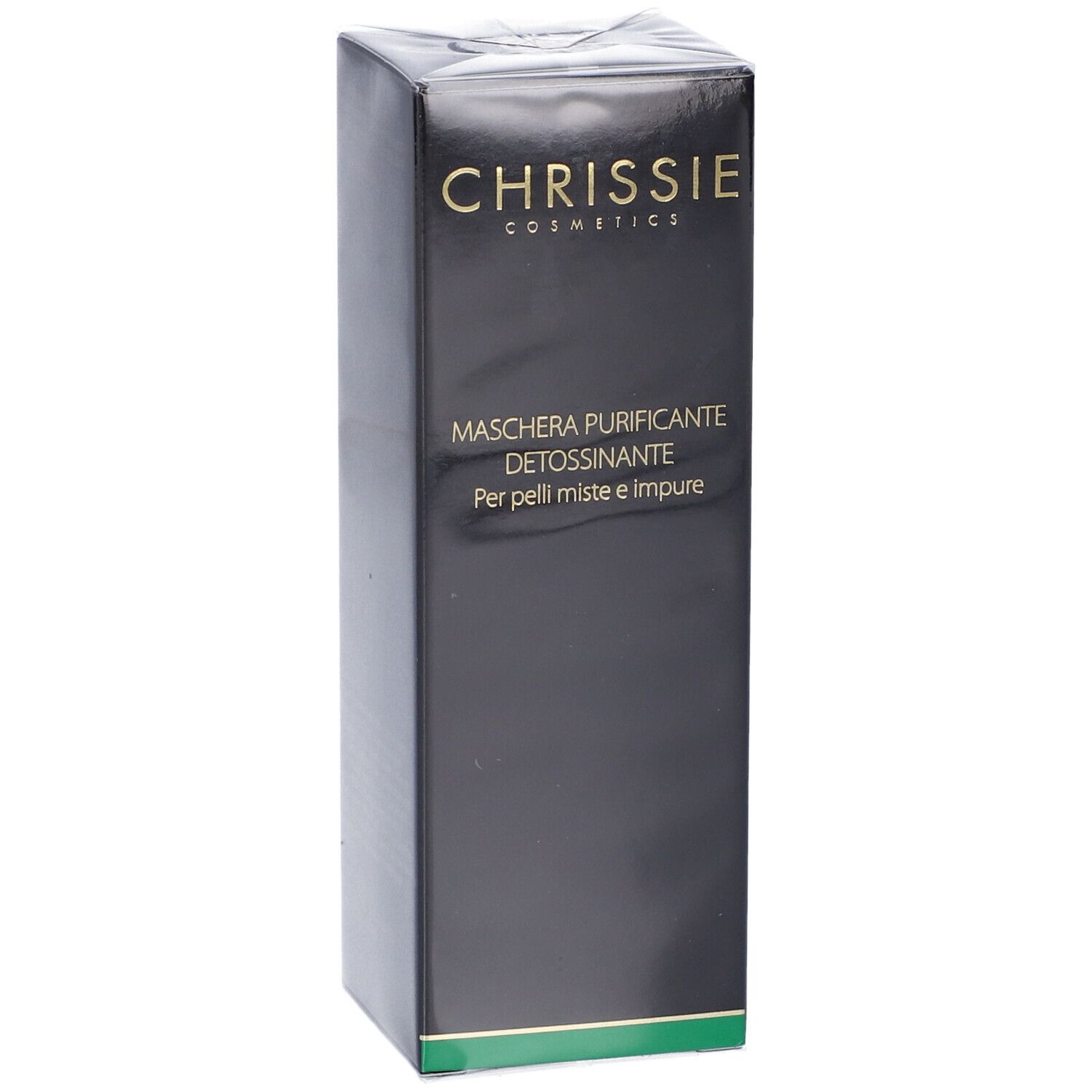 Confezione nera con logo Chrissie Cosmetics dorato. Testo: Maschera Purificante Detossinante, Per pelli miste e impure.