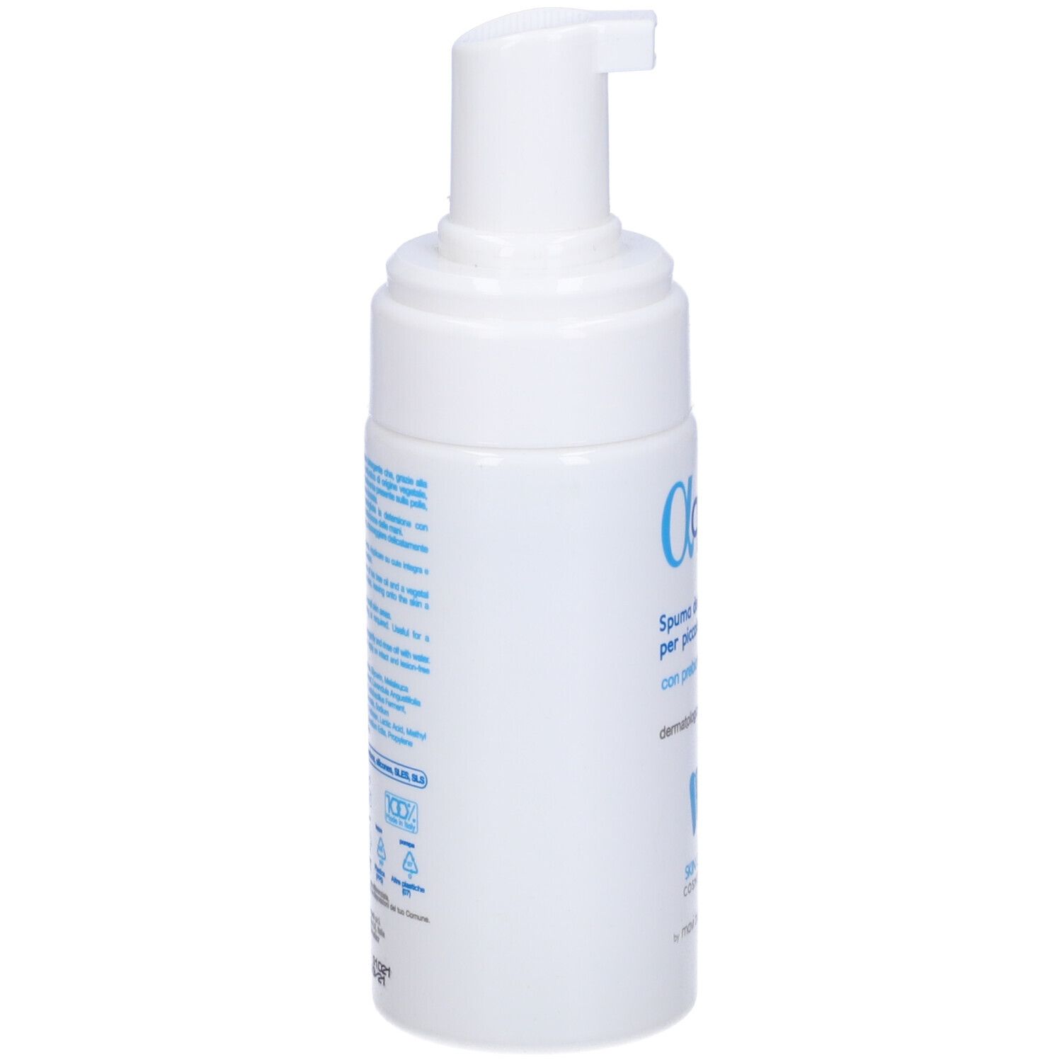 Flacone bianco, vista laterale. Testo e loghi blu. Scritta: Aqua micospuma, Spuma detergente per piccole aree, con prebiotico. Dermatologicamente testato.