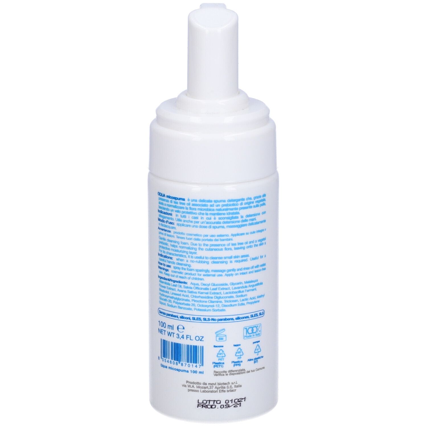 Flacone bianco, vista posteriore. Testo blu. Scritta: Aqua micospuma, Spuma detergente per piccole aree, con prebiotico. Dermatologicamente testato. 100 ml.