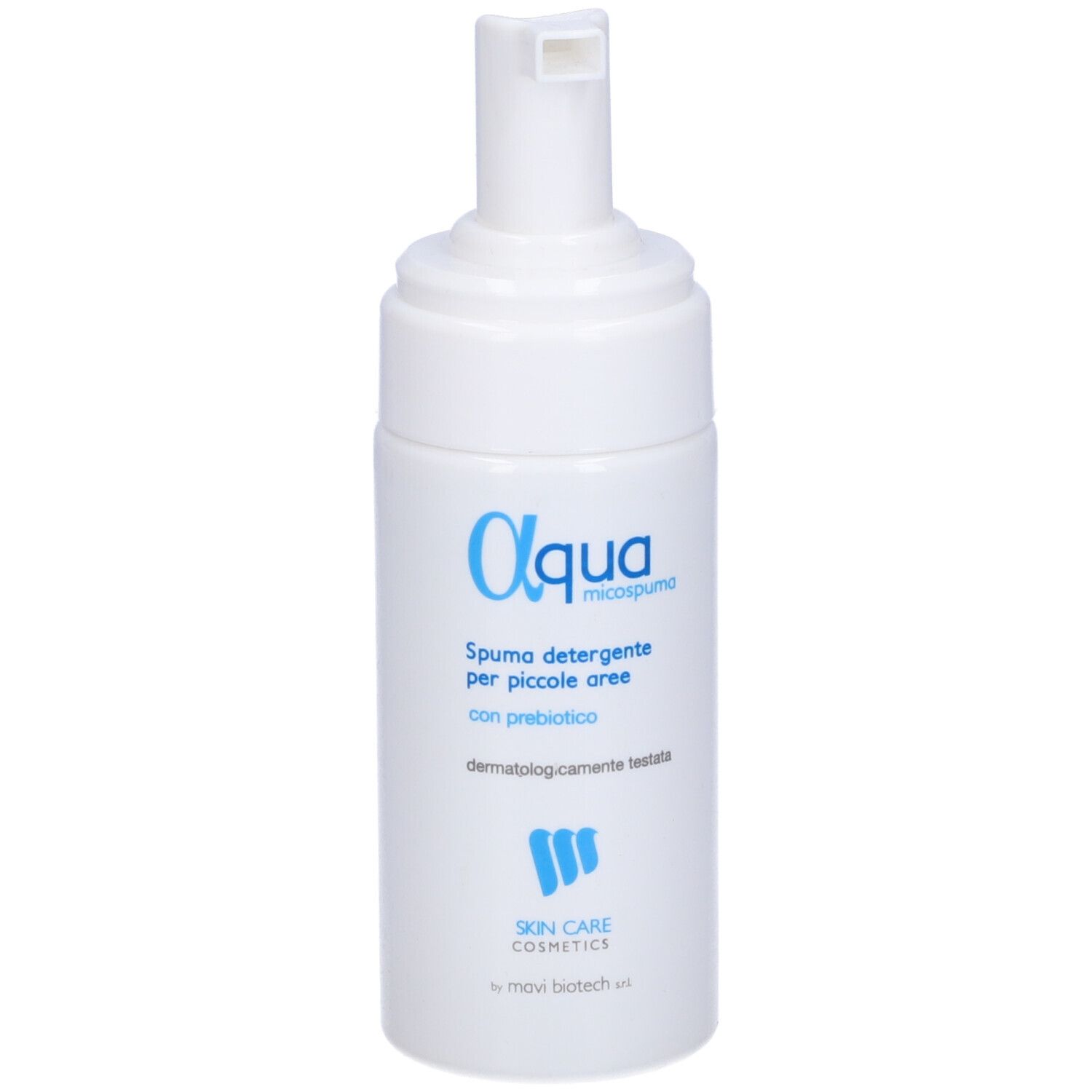 Flacone bianco con stampa blu. Testo: Aqua micospuma, Spuma detergente per piccole aree, con prebiotico. Dermatologicamente testato.