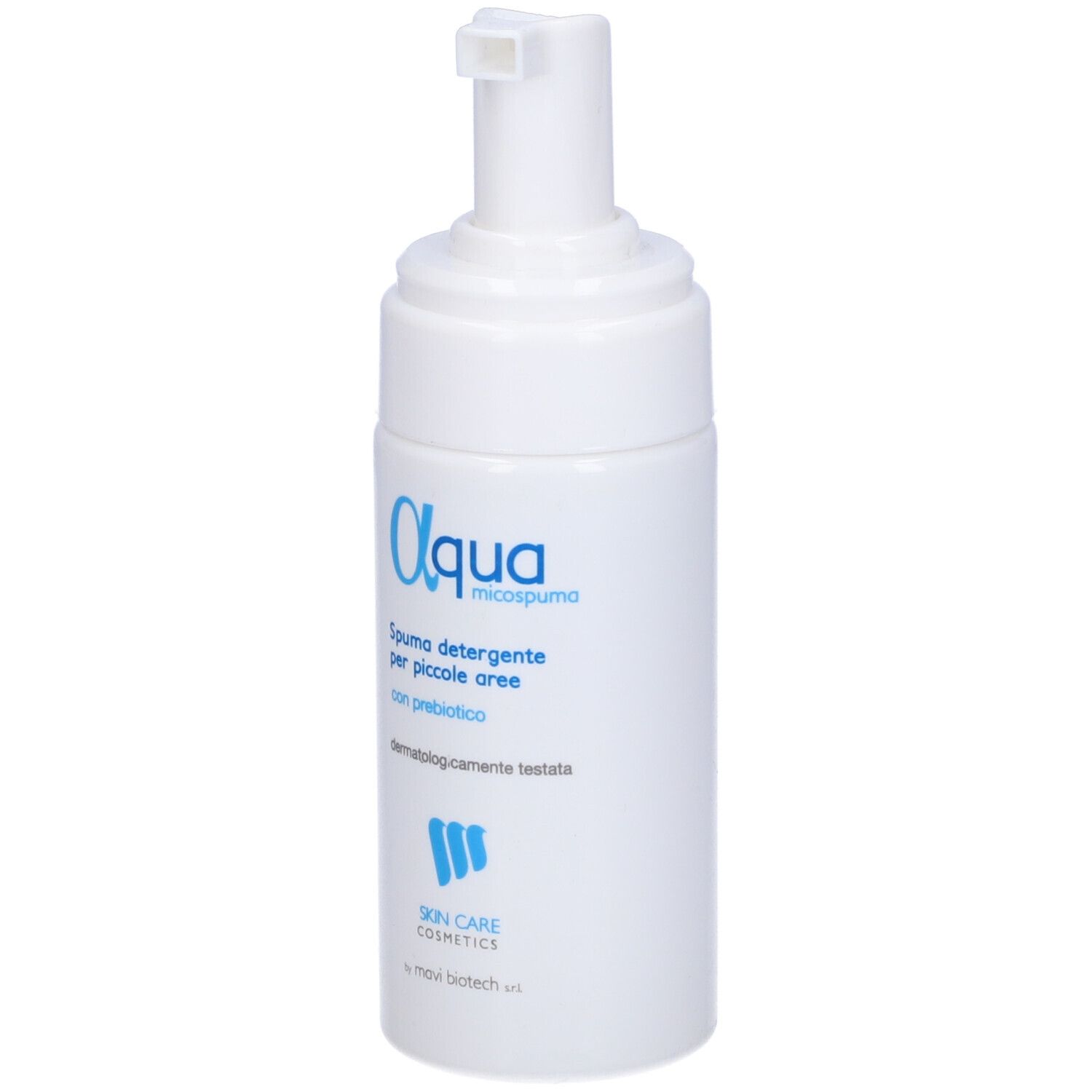 Flacone bianco con stampa blu. Testo: Aqua micospuma, Spuma detergente per piccole aree, con prebiotico. Dermatologicamente testato.