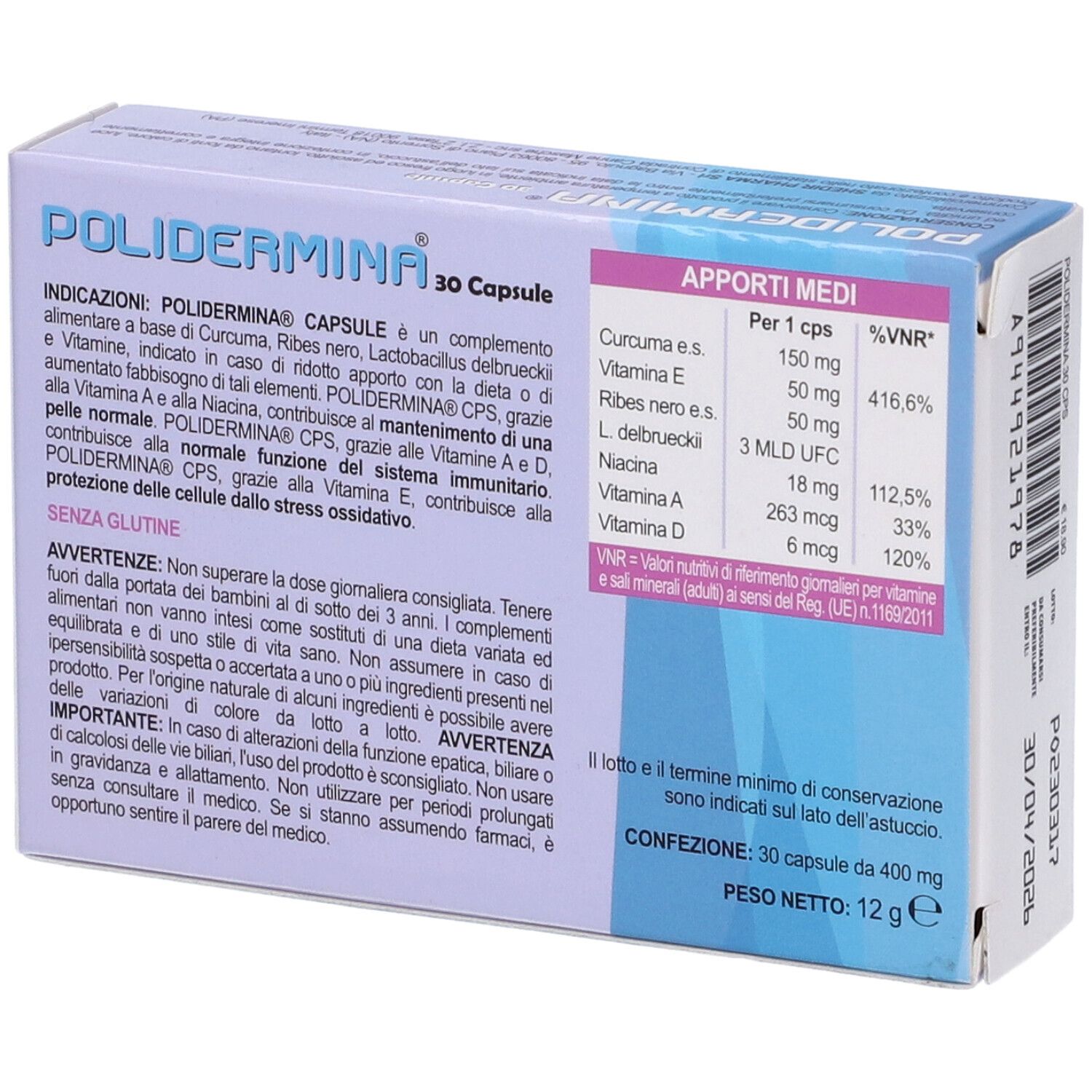 Retro della confezione POLIDERMINA 30 capsule. Contiene informazioni nutrizionali e avvertenze.