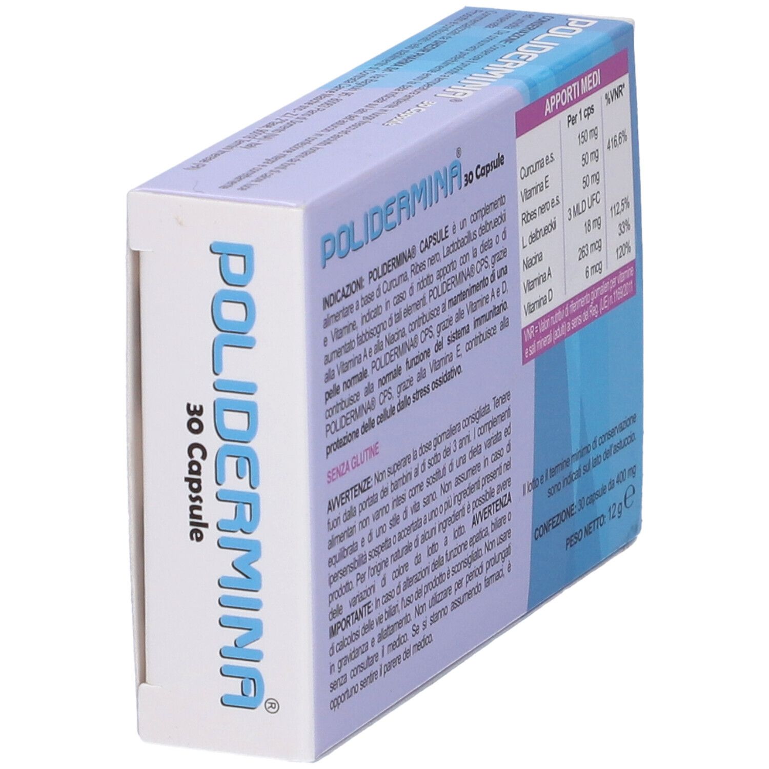 Confezione POLIDERMINA 30 capsule, vista obliqua. Contiene informazioni nutrizionali e avvertenze.