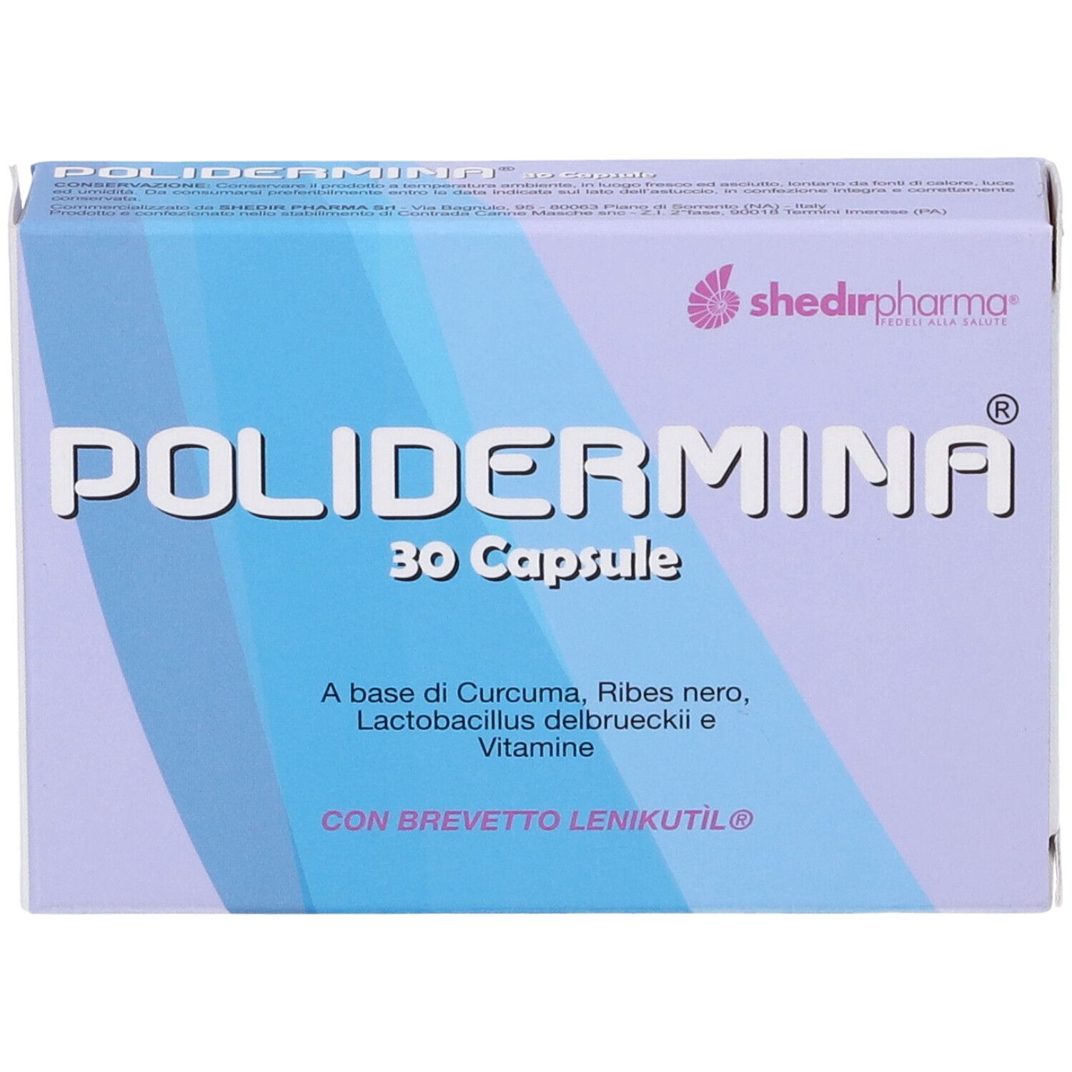 Scatola POLIDERMINA 30 capsule. Colori blu e viola. Logo Shedir Pharma.