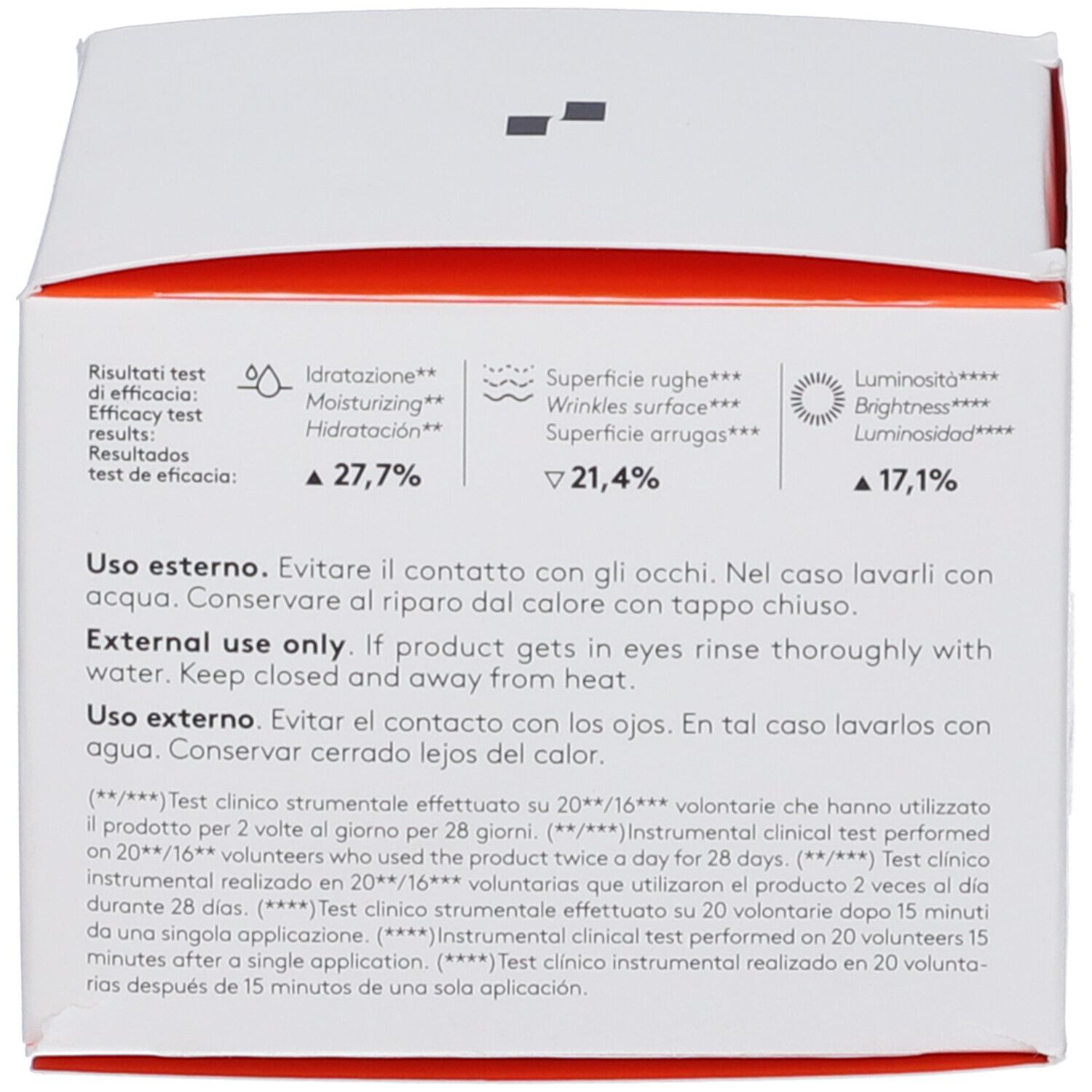 Retro della confezione. Diagrammi e testo in più lingue. Istruzioni per l'uso.