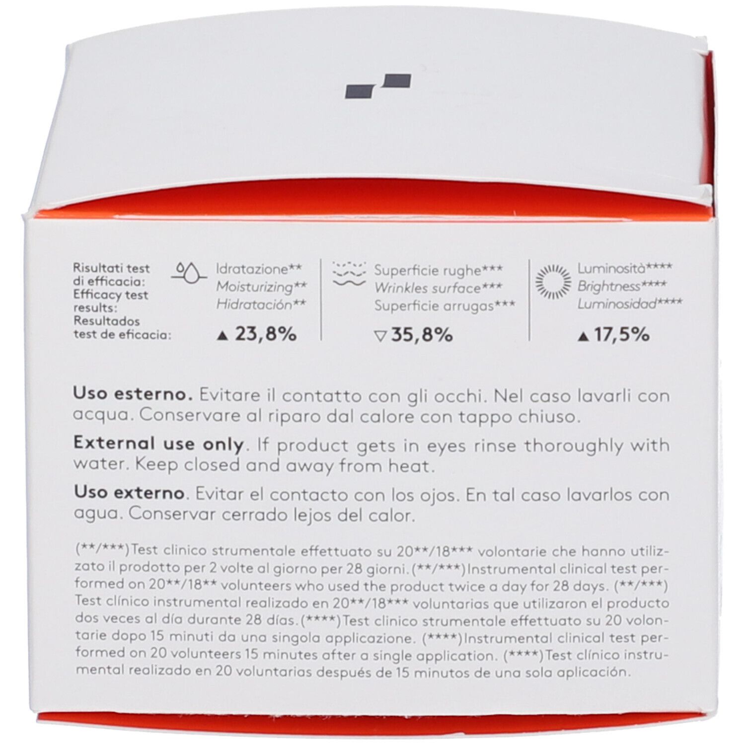 Retro della confezione. Testo multilingue. Contiene risultati dei test e istruzioni per l'uso.