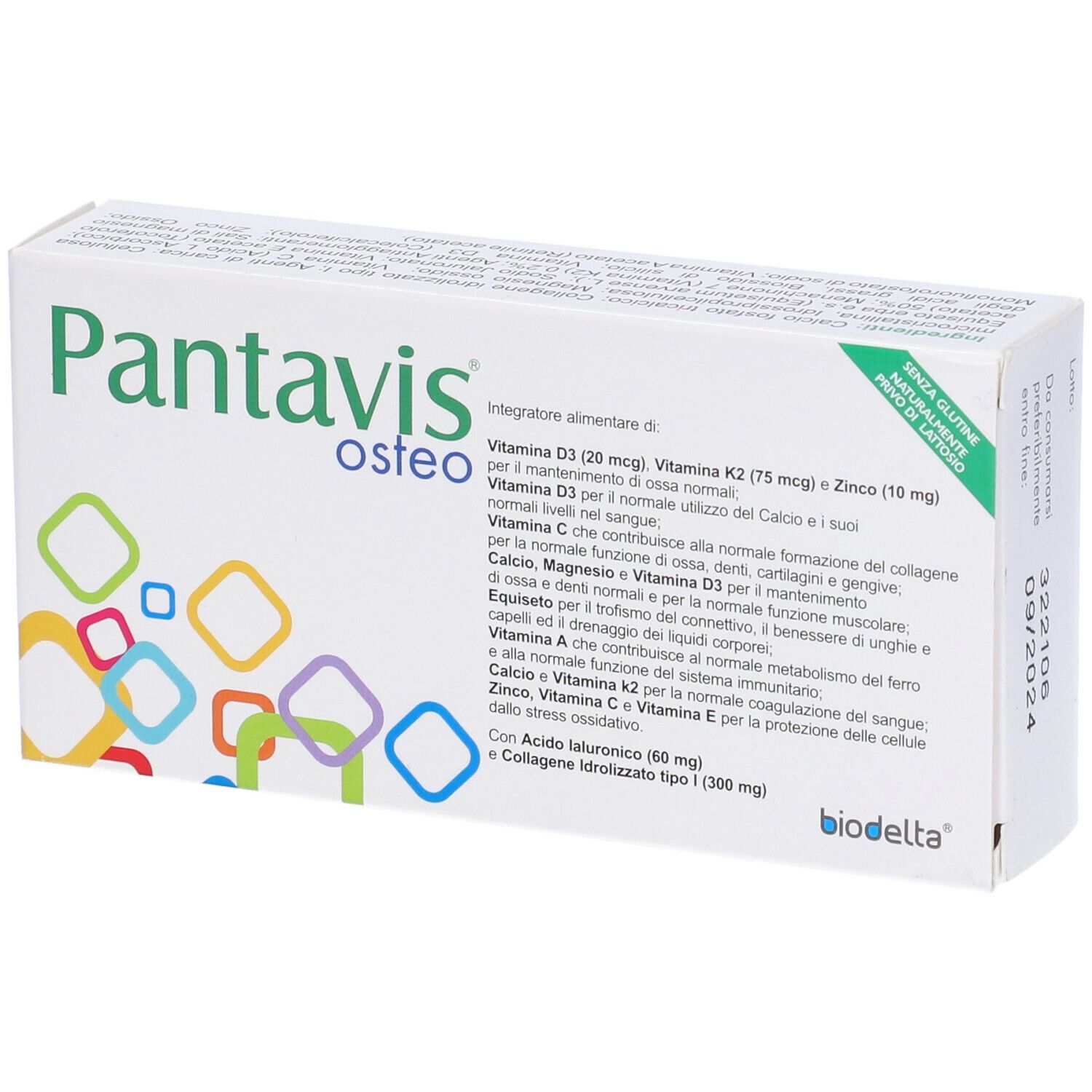Scatola bianca con logo "Pantavis osteo". Contiene forme geometriche colorate. Testo: "Integratore alimentare".