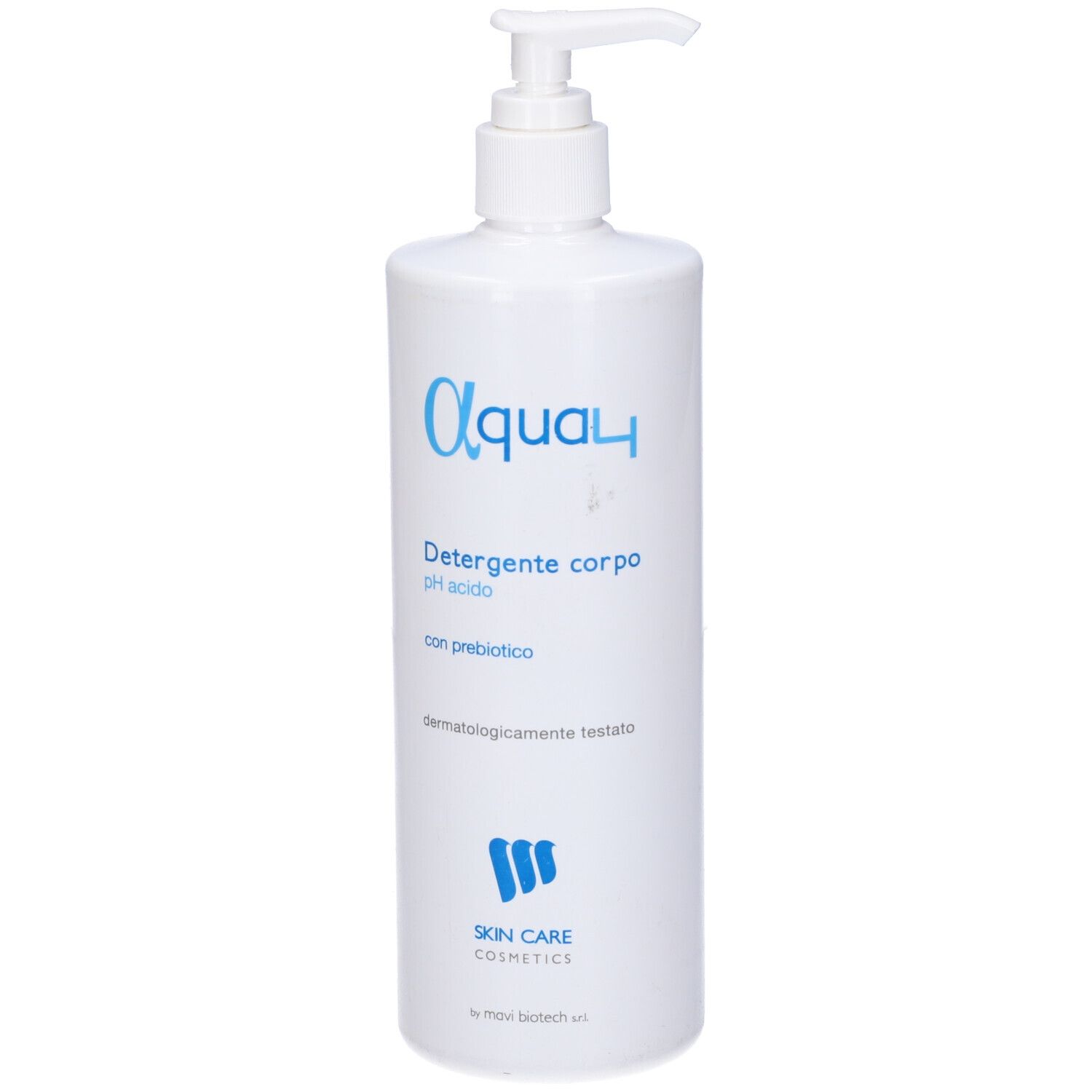 Flacone bianco con pompetta. Scritta: Aqua4, Detergente corpo pH acido, con probiotico. Logo Skin Care Cosmetics.