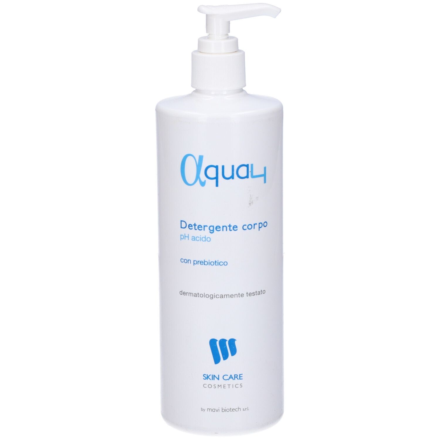 Flacone bianco con pompetta. Scritta: Aqua4, Detergente corpo pH acido, con probiotico. Logo Skin Care Cosmetics.